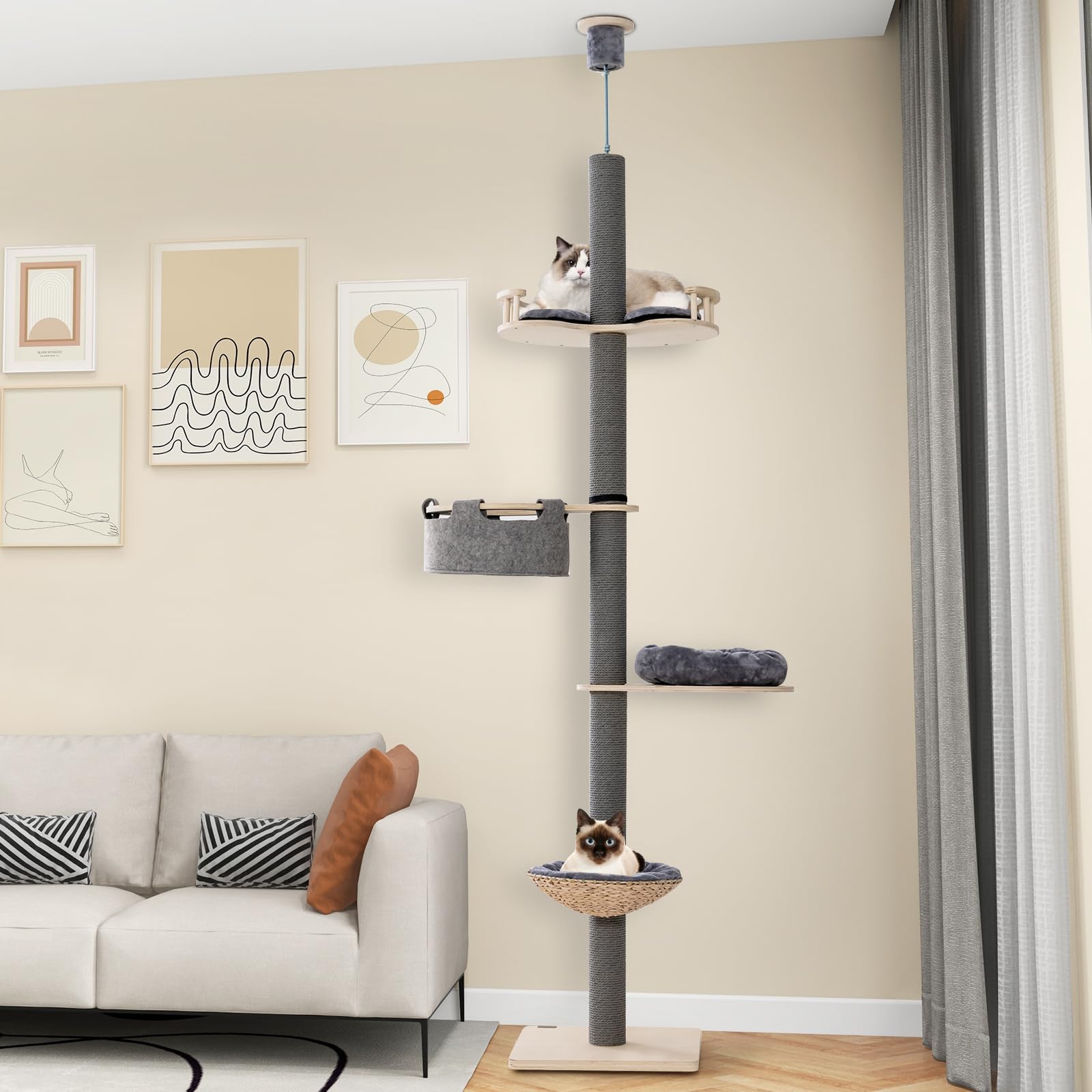 Tangkula Floor To Ceiling Cat Tree, Tall Cat Tower With Adjustable Height (93-107 Inch) For Large Cats, 5 Tier Cat Climbing Pole