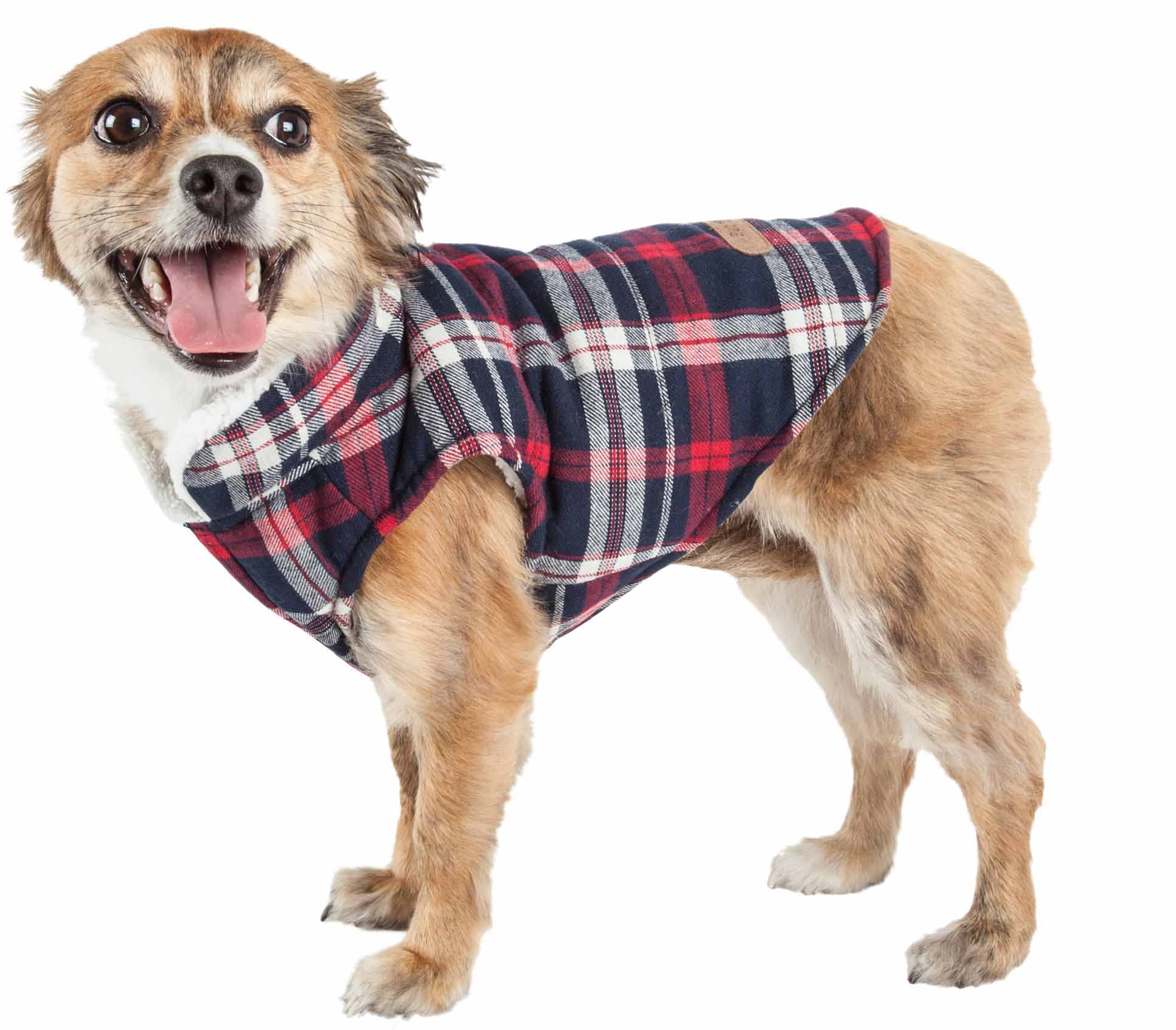 Pet Life  'Puddler' Classical Plaid Dog Coat - Insulated Plaid Dog Jacket with Reversible Sherpa Lining - Winter Dog Clothes for