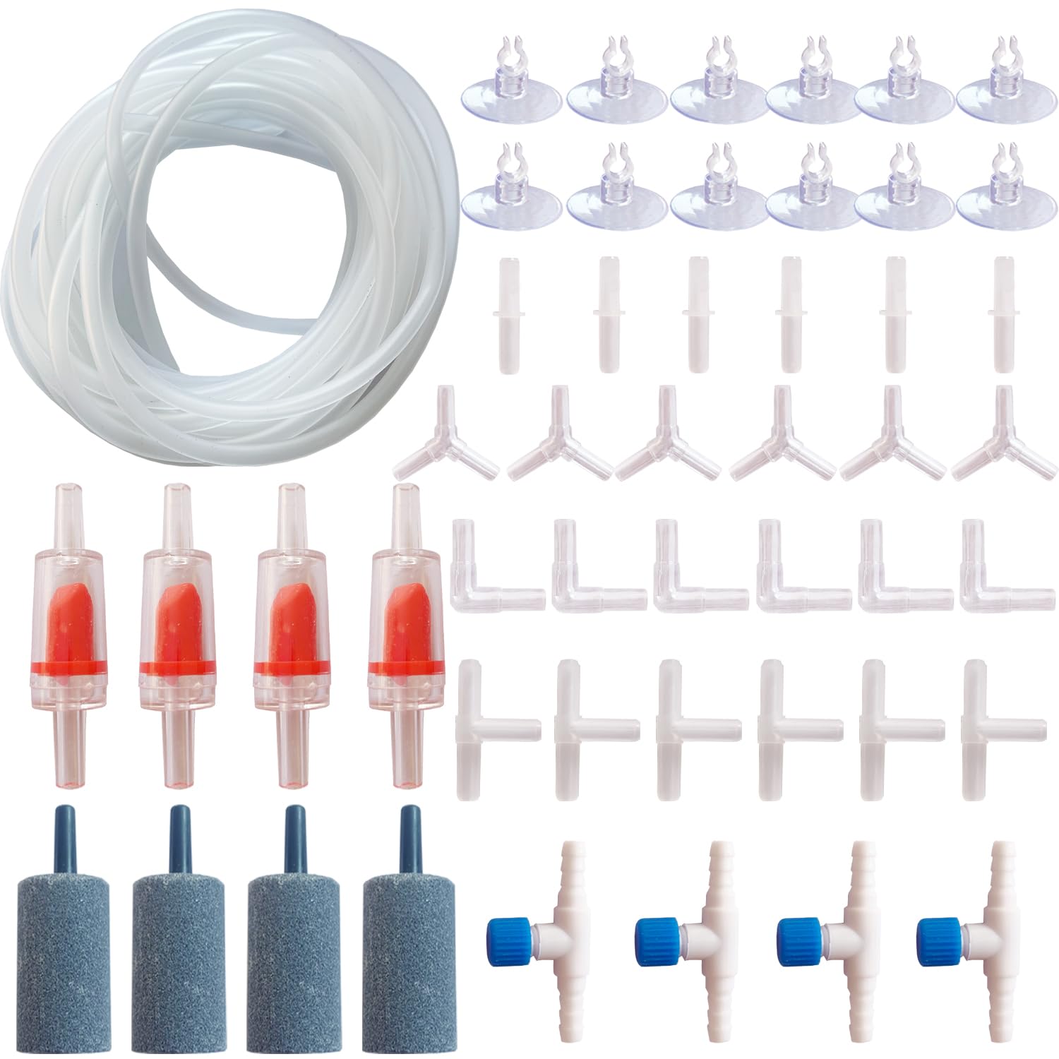 TANOMA Aquarium Air Pump Accessories - Contains Airline Tubing, Control Valve, Air Stones, Connectors, Check Valves, Suction Cup