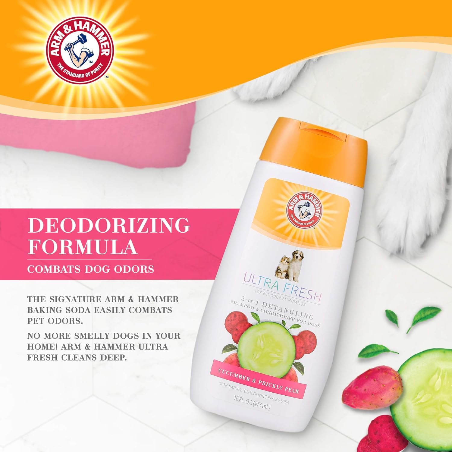 Arm & Hammer Ultra Fresh 2-in-1 Detangling Shampoo + Conditioner, Cucumber Pear Scent - Dog Bathing with Coconut Oil, Baking Sod