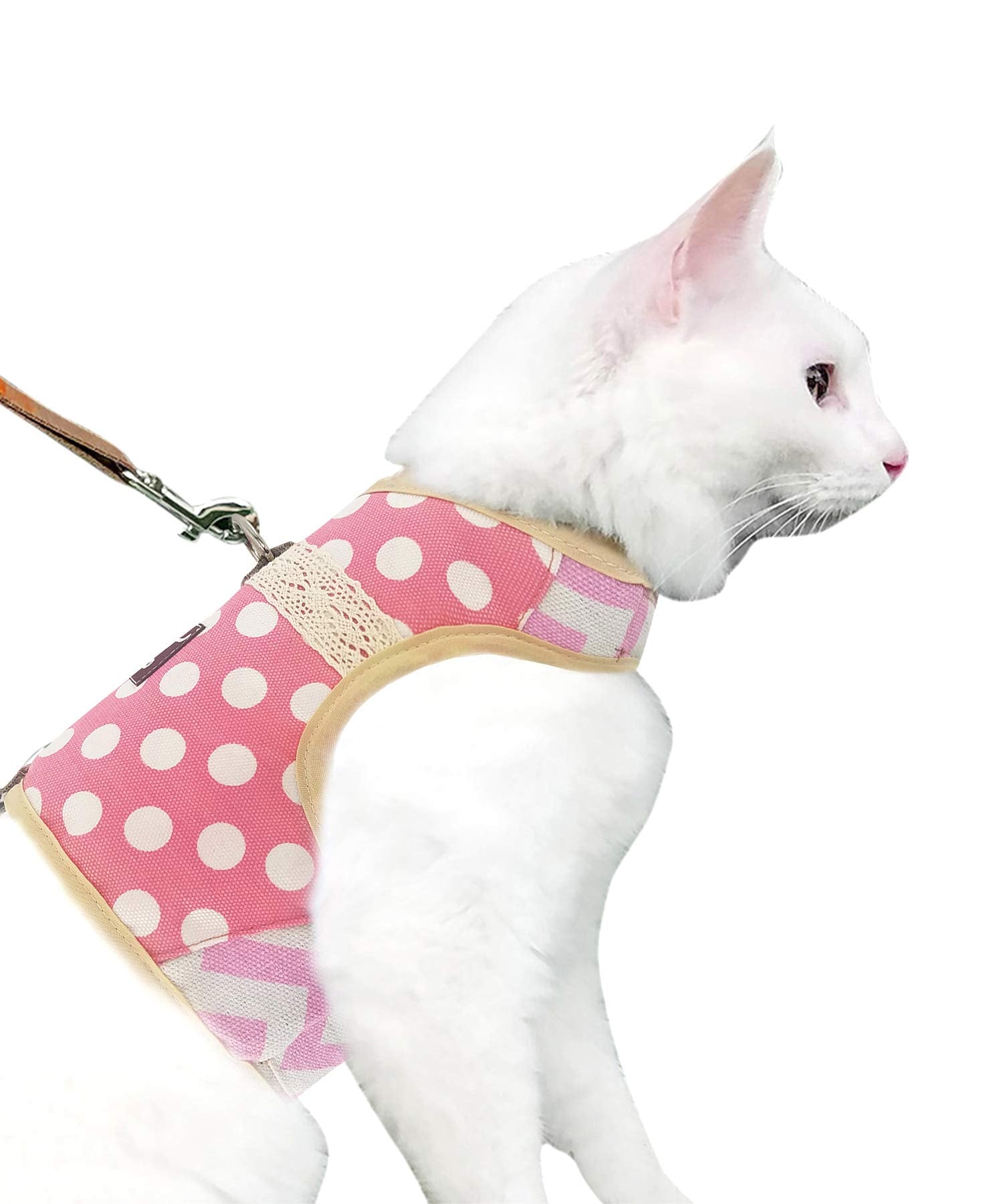 Yizhi Miaow Cat Harness And Leash For Walking Escape Proof, Adjustable Cat Vest Harness, Padded Stylish Cat Walking Jackets, Polka Dot Pink, Small