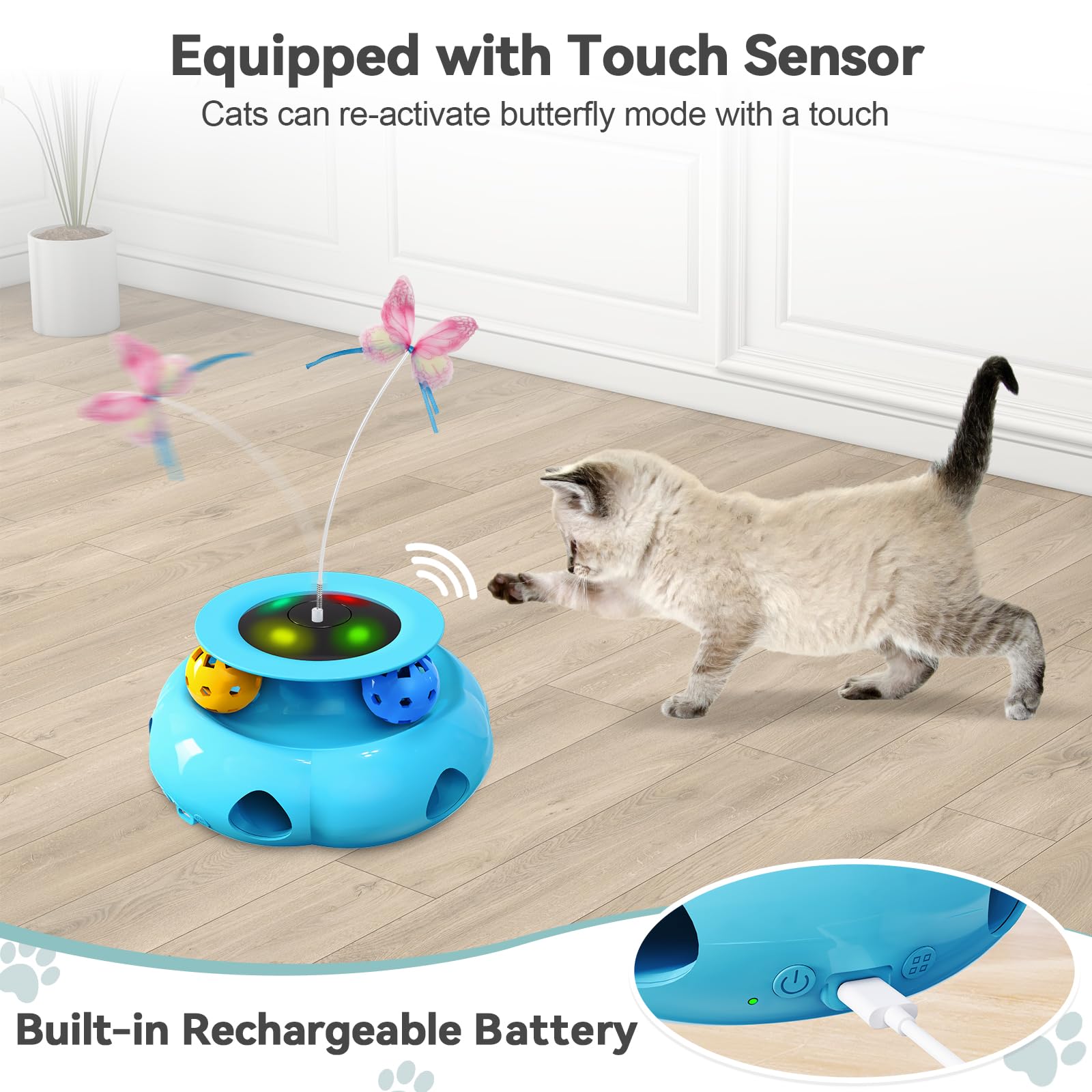 Xuyub 3In1 Interactive Cat Toys For Indoor Cats Rechargeable,Whack A Mole Cat Toy, Fluttering Butterfly, Track Balls, Automatic
