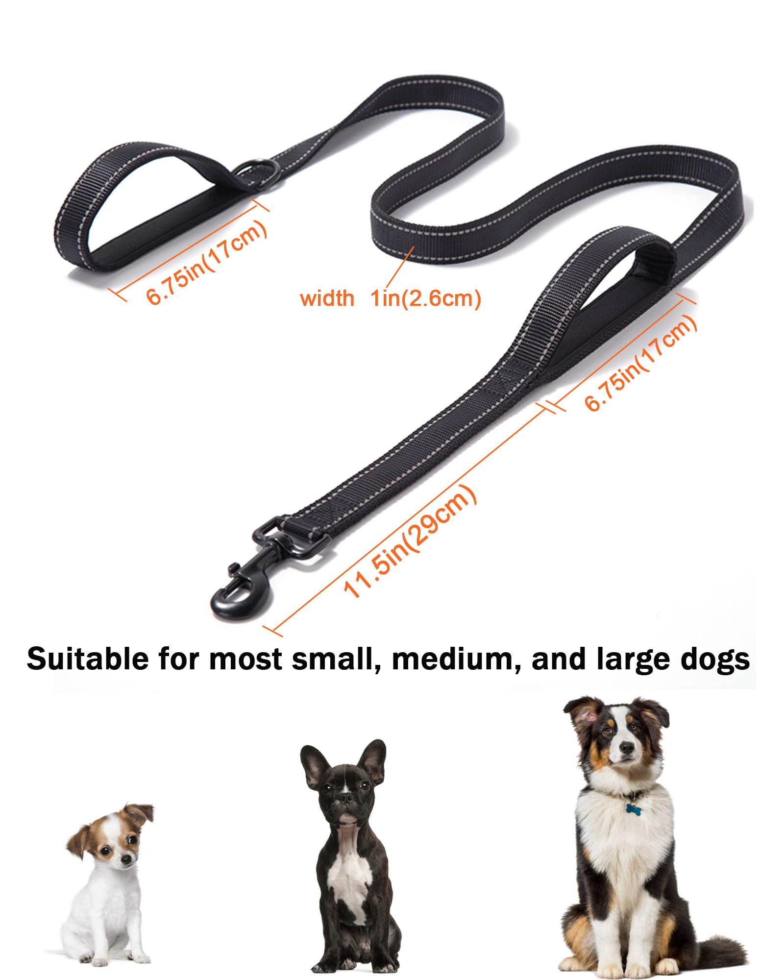 Solmoony 6Ft Black Strong Dog Leash With 2 Padded Handles, Traffic Handle Extra Control, Double-Sided Reflective Walking Lead Fo