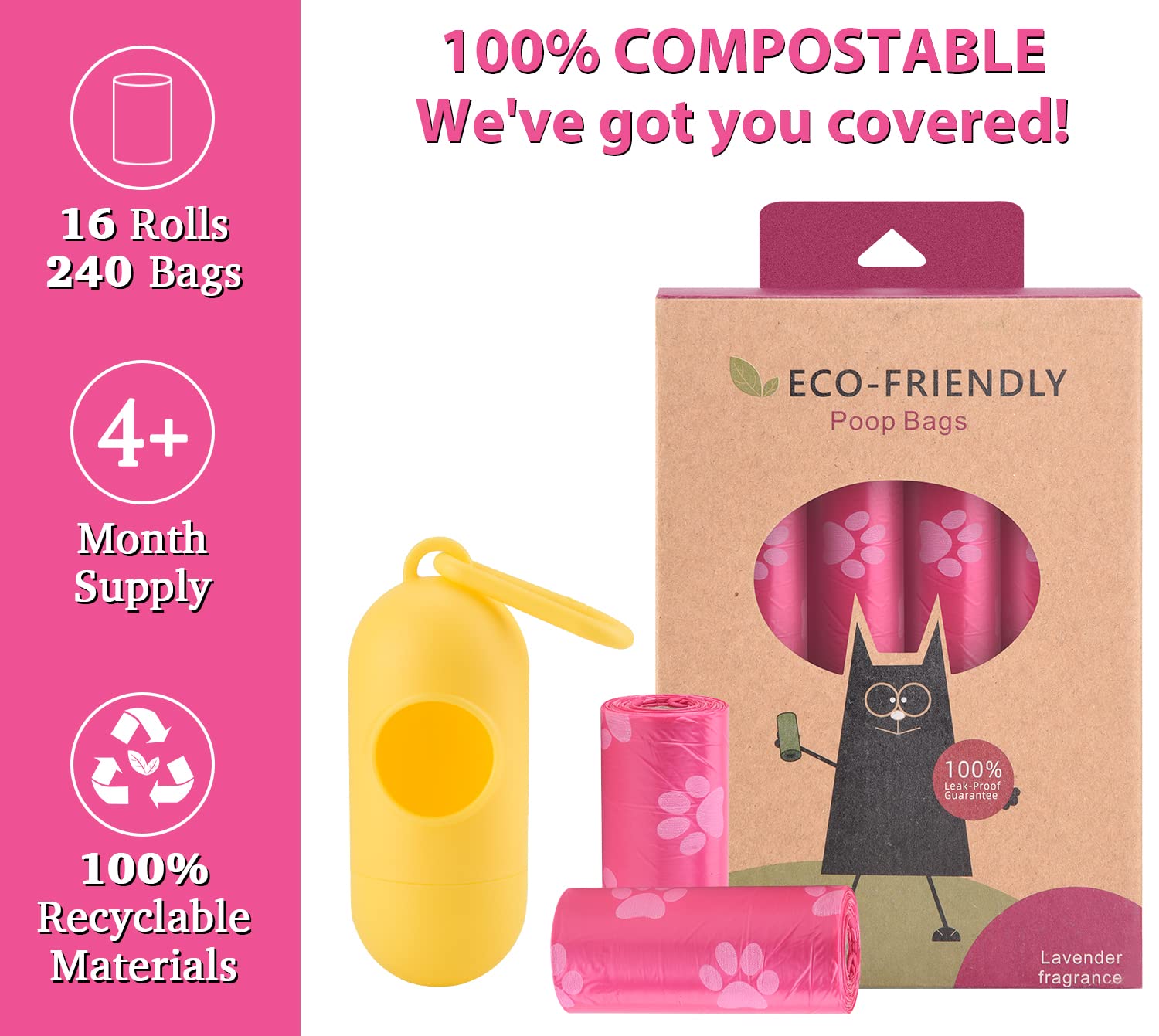 Wdfaack Biodegradable Dog Poo Bags With Holder-240 Large Poop Bags, Corn Starch Blended Compostable Bag, Extra Thick Strong Leak