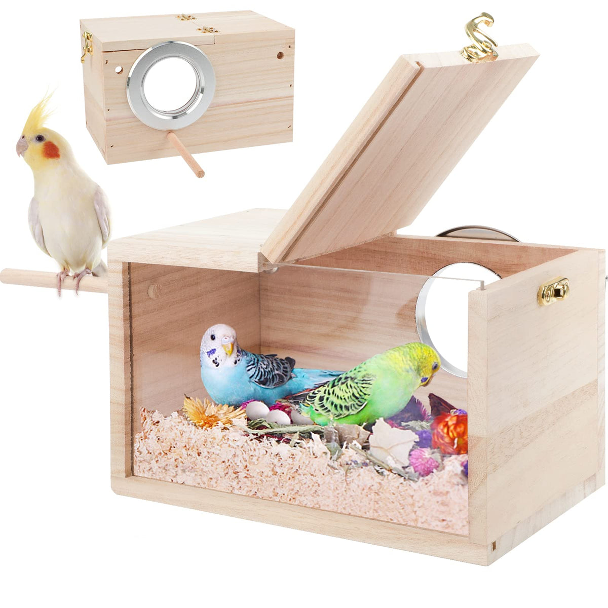 Rypet Parakeet Nesting Box Transparent Design, Thwartwise Bird Nest Breeding Box With Perch Wood Bird Cage House For Cockatiel Lovebirds Budgie Finch Parrotlets Canary S