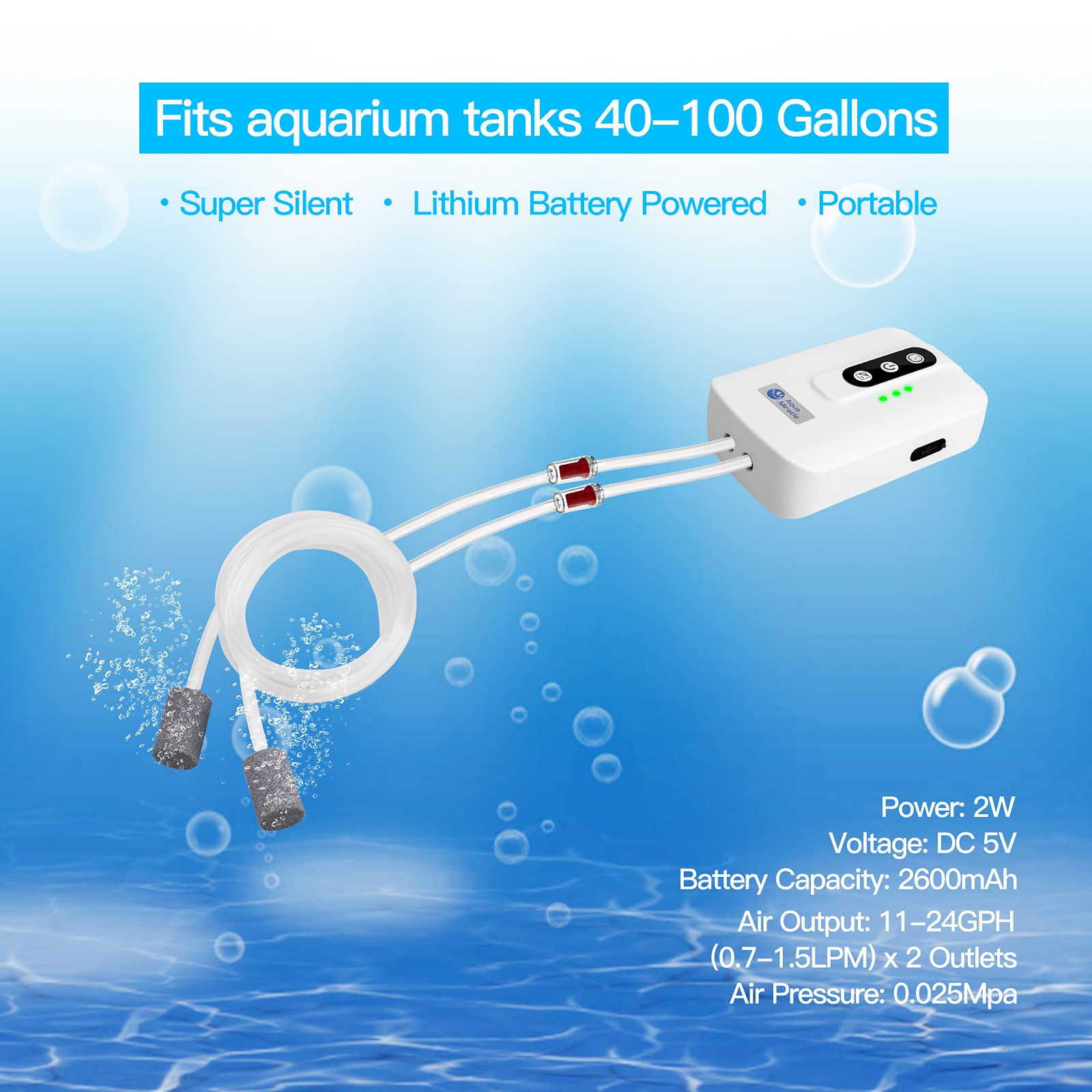 Aquamiracle® Lithium Battery Powered Portable Dual Outlet Aquarium Air Pump For Fish Tank Up To 120Gals, Usb Rechargeable Aquarium Bubbler Aerator For Fishing, Power Outages And Emergency