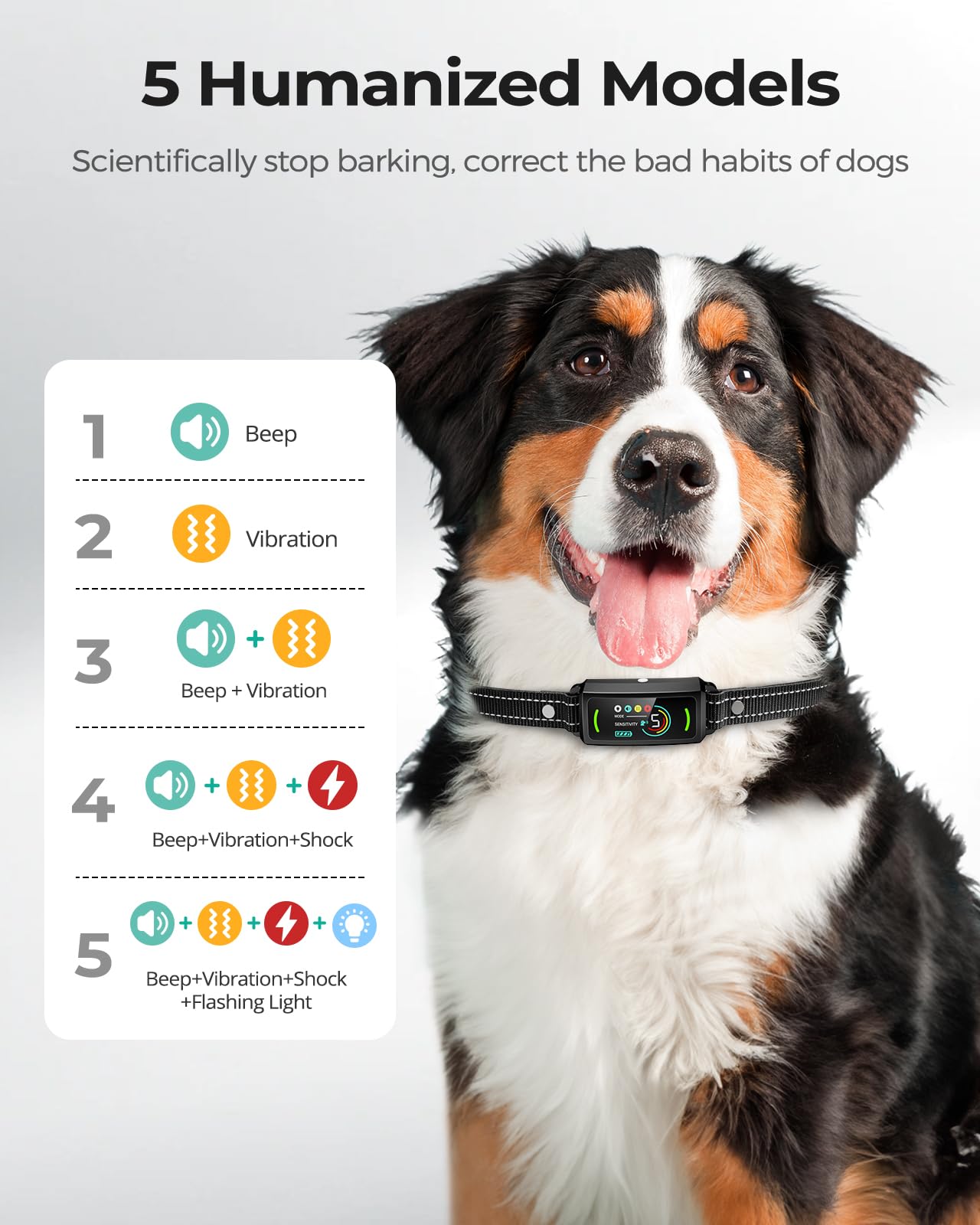 Bark Collar, Rechargeable Dog Bark Collar, Anti Barking Training Collar With Flashing Light, 5 Adjustable Sensitivity Beep Vibra