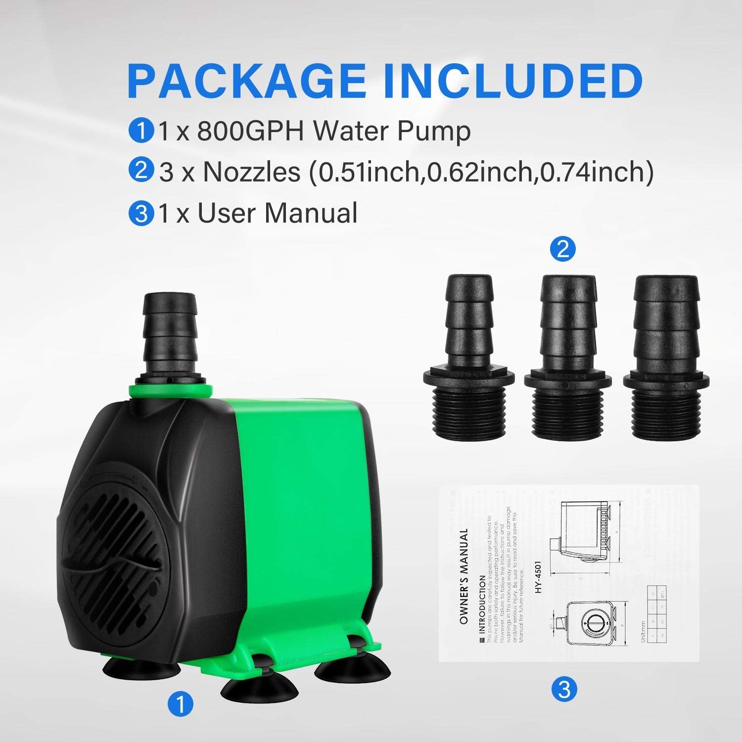 Simple Deluxe 10Ft High Lift 800Gph 24W Submersible Pump (3000L/H) With 3 Size Nozzles For Fish Tank, Pond, Aquarium, Statuary, Hydroponics, Fountain, Green