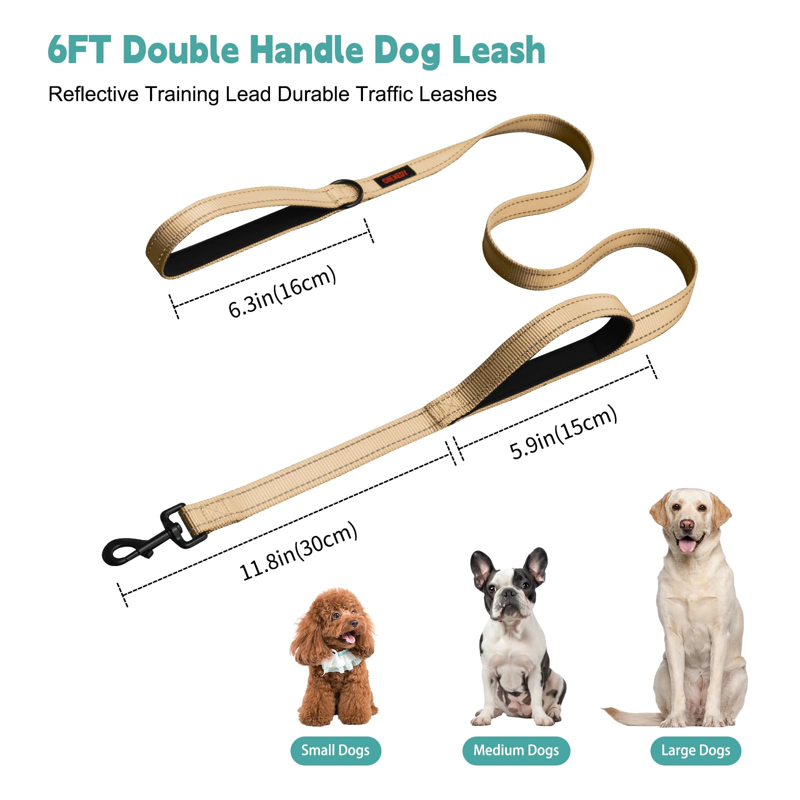 Heavy Duty Double Handle Leash - Reflective Training Lead For Large Breed Dogs (6Ft Khaki)