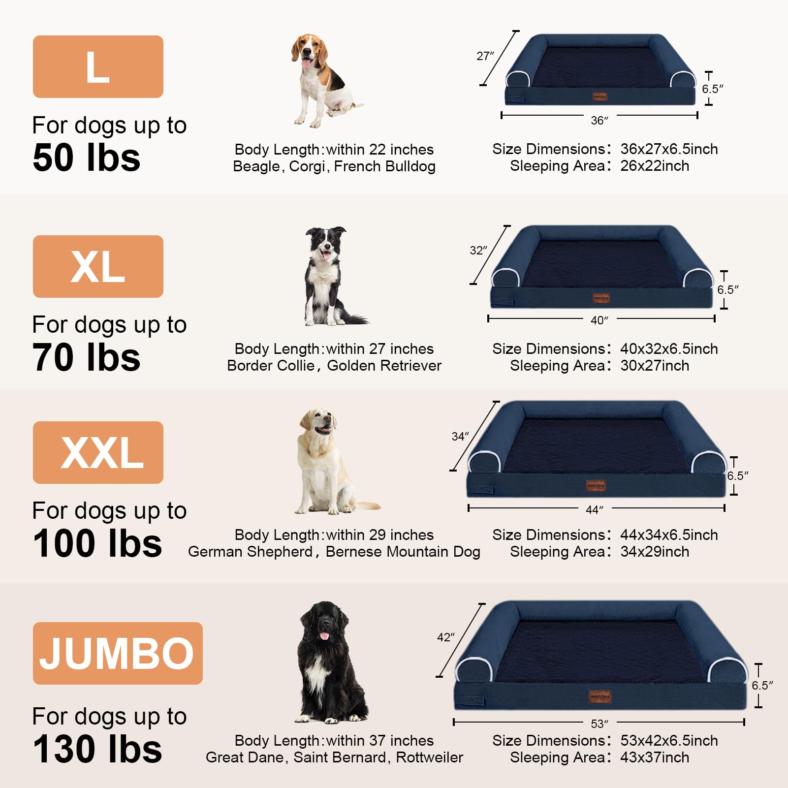 Large Dog Bed Orthopedic Washable: Beds Bolster Xl Bed Large Big Dogs Memory Foam Couch Sofa Waterproof With Removable Cover - Navy Blue