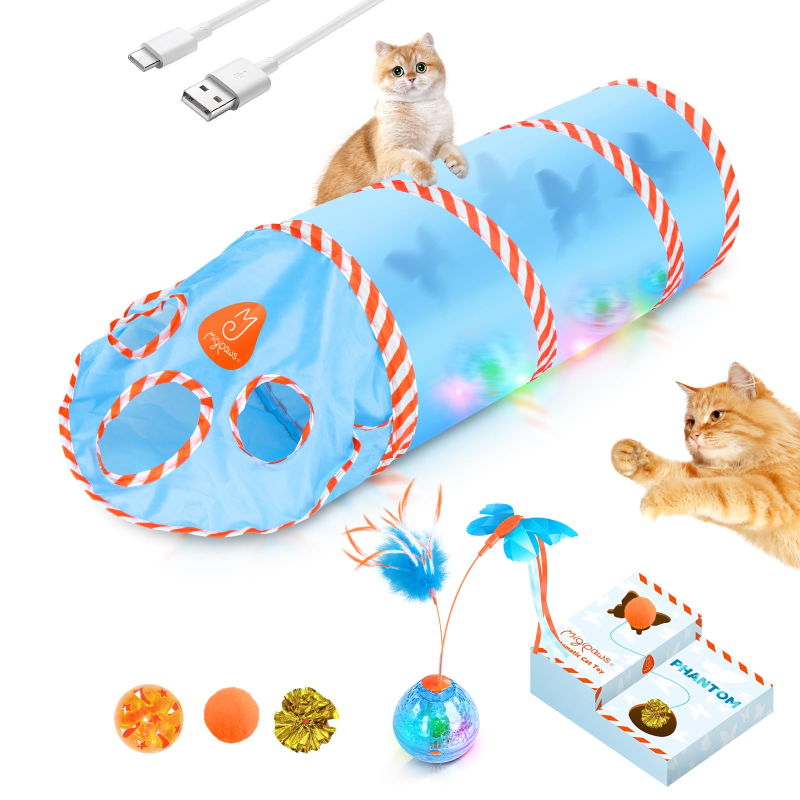 Migipaws Cat Toys, Interactive Cat Toy For Indoor Cats,Upgraded Moving Shadow Of Butterfly Feather Project On Cat Tunnel, Cardbo