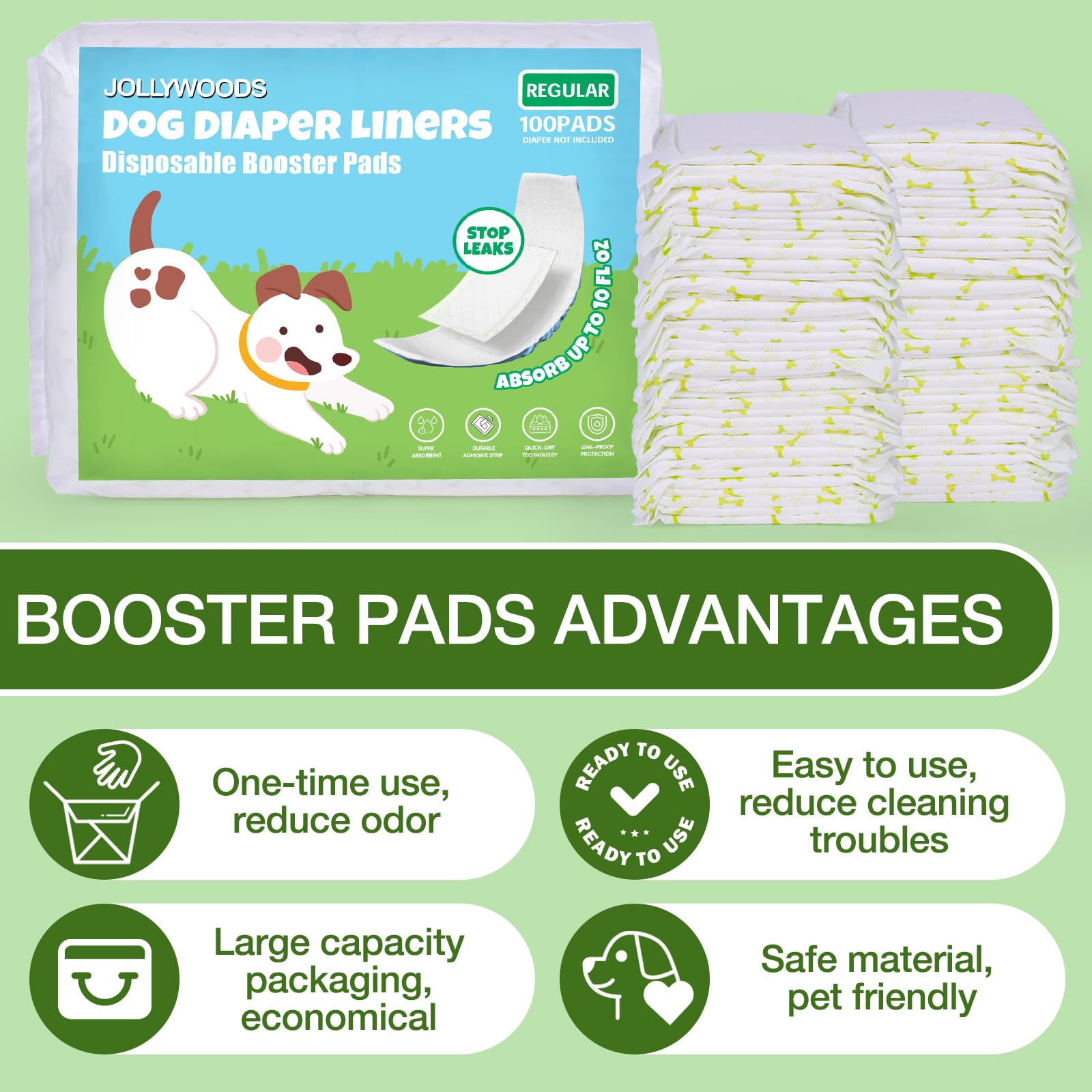 Jollywoods Dog Diaper Liners Booster Pads For Male & Female Dogs, Disposable Doggie Diaper Inserts Fit Dog Belly Bands And Male