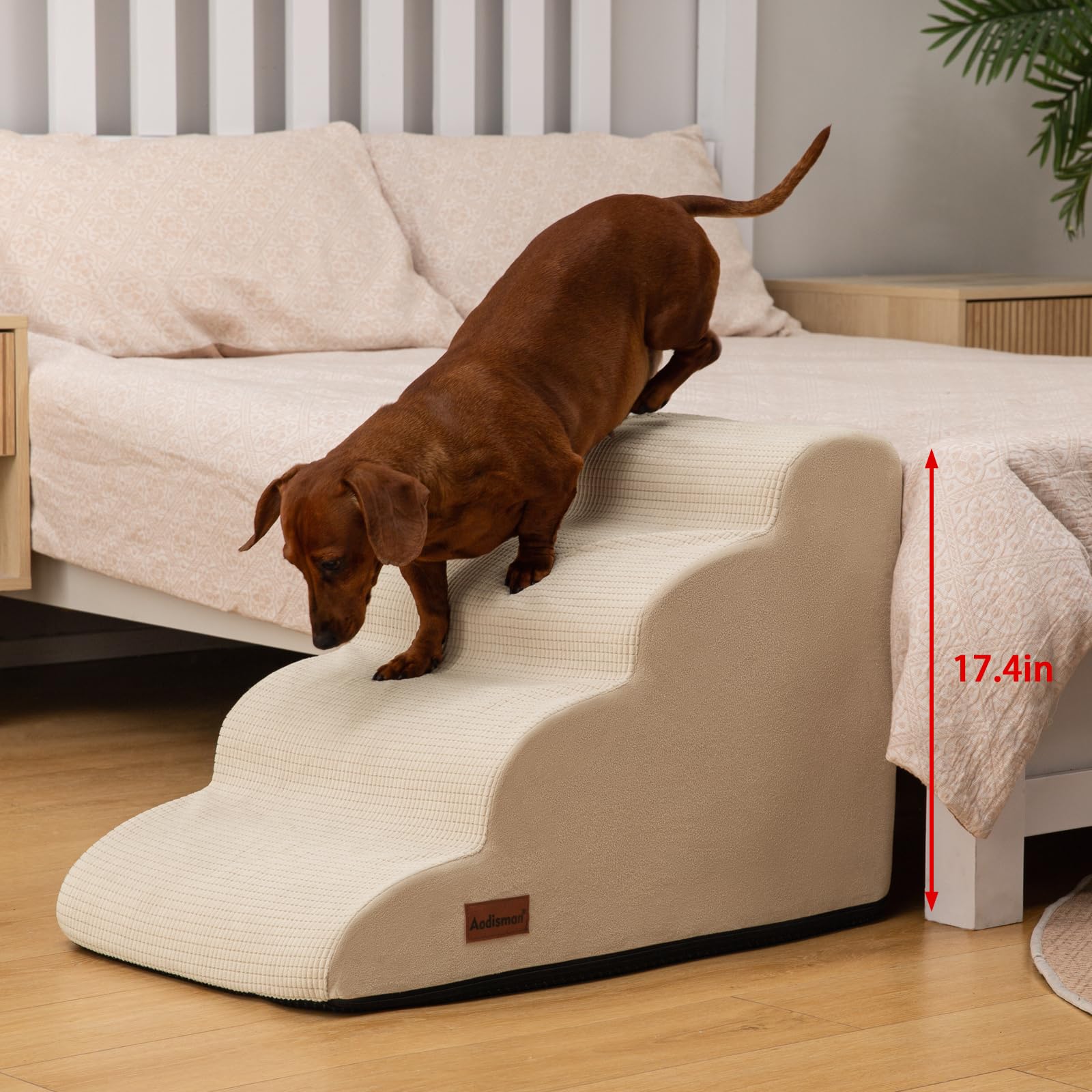 Aodisman 4-Step Dog Stairs and Ramp for Beds or Couches,Non-Slip Sturdy Pet Steps for Small Dogs and Cats,17.4 H,Beige