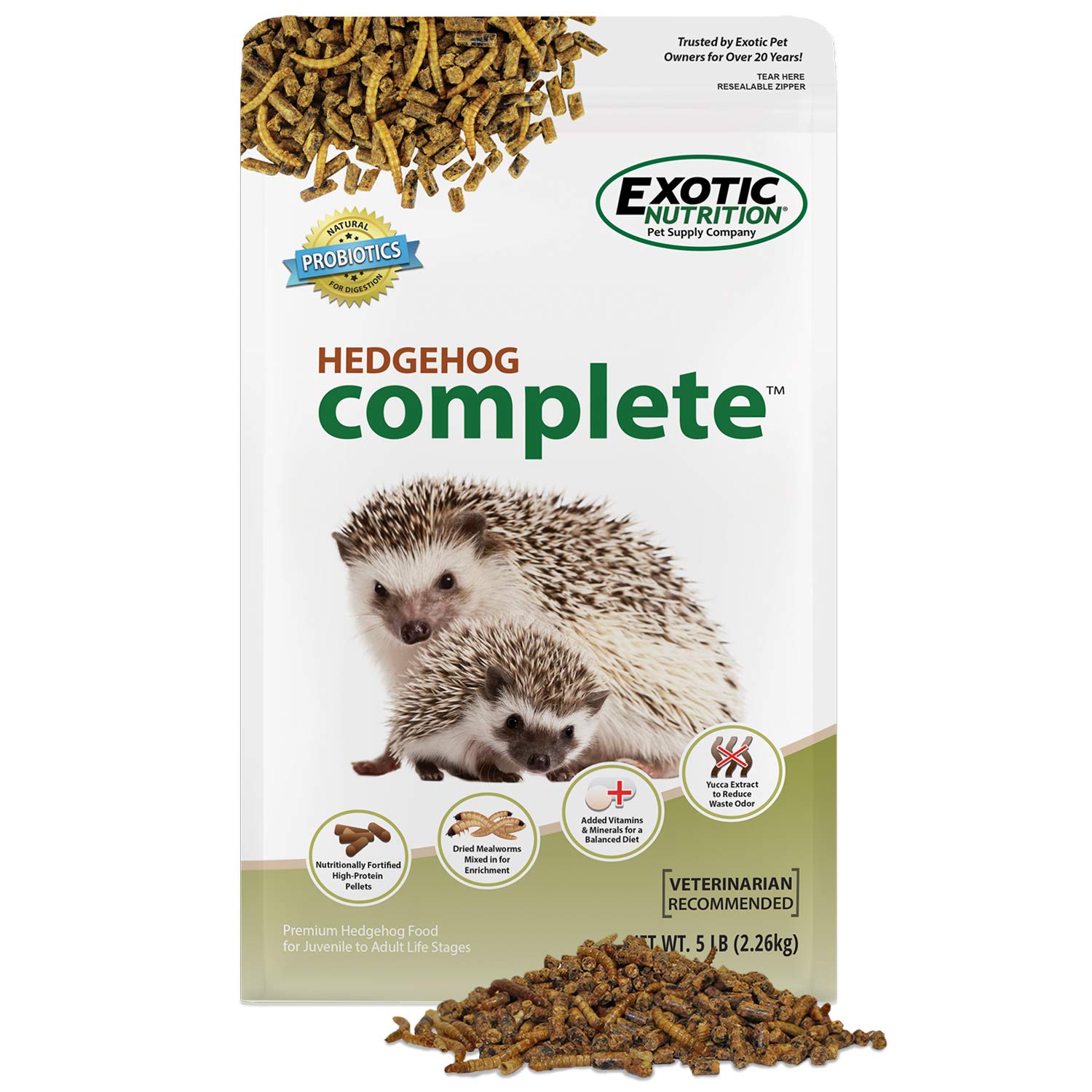 Hedgehog Complete 5 lb - Nutritionally Complete Natural Healthy High Protein Pellets & Dried Mealworms - Food for Pet Hedgehogs