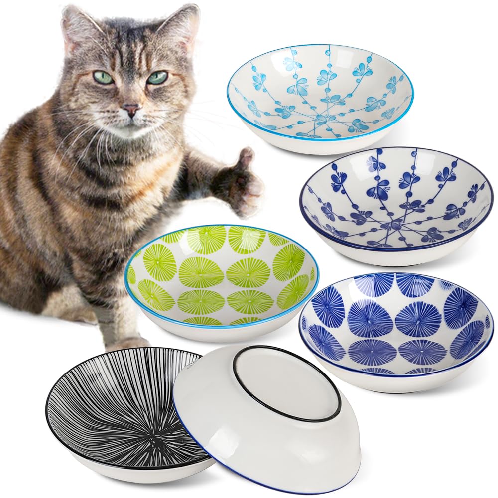 Ceramic Cat Bowls With Non-Slip Silicone Bottom, Prevent Whisker Fatigue,Reduce Mess,Bowls For Indoor Cats,6 Colorful Set For Da