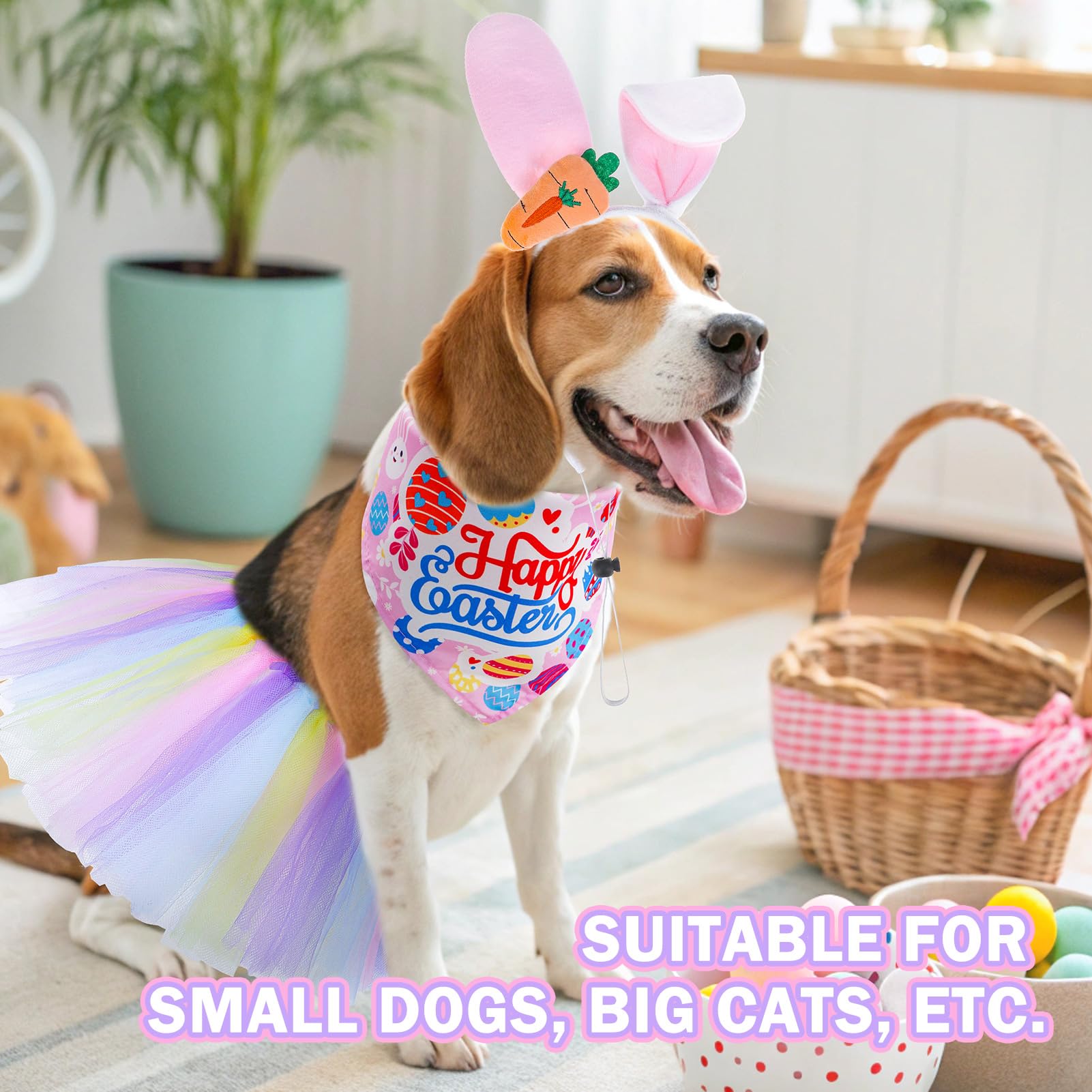 Scenereal Easter Dog Bandana Outfit With Cute Bunny Ears Headband And Tutu Dress, Puppy Holiday Costume Accessory, Pink Eggs Rab