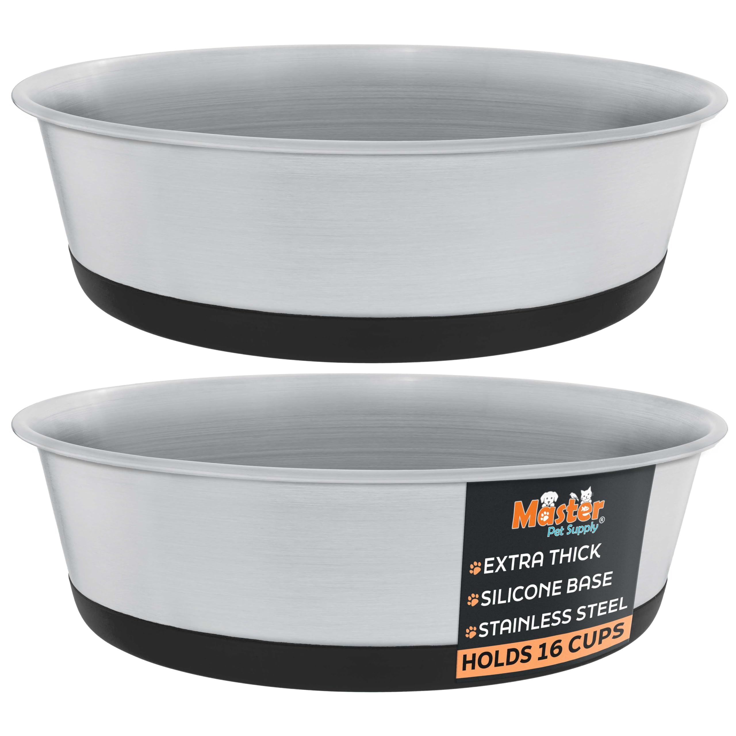 Master Pet Supply Stainless Steel Dog Bowls Set of 2 with Extra Thick Silicone Base - 16 Cup (128 oz) Black Velvet, Non-Slip, Di