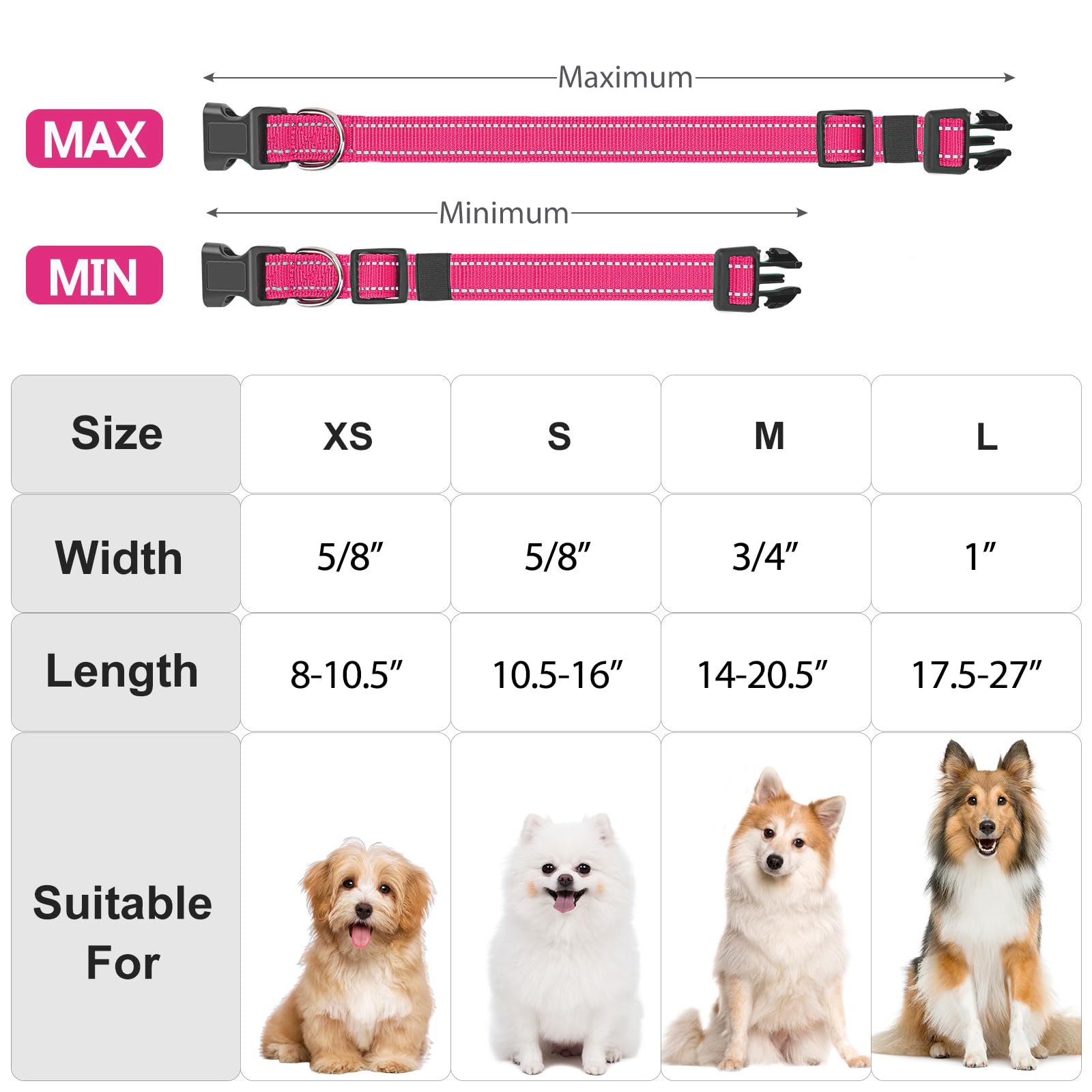 Penseepet Reflective Dog Collar Padded With Soft Neoprene Breathable Quick Release Basic Dog Collars For Medium Dogs Hot Pink Girl