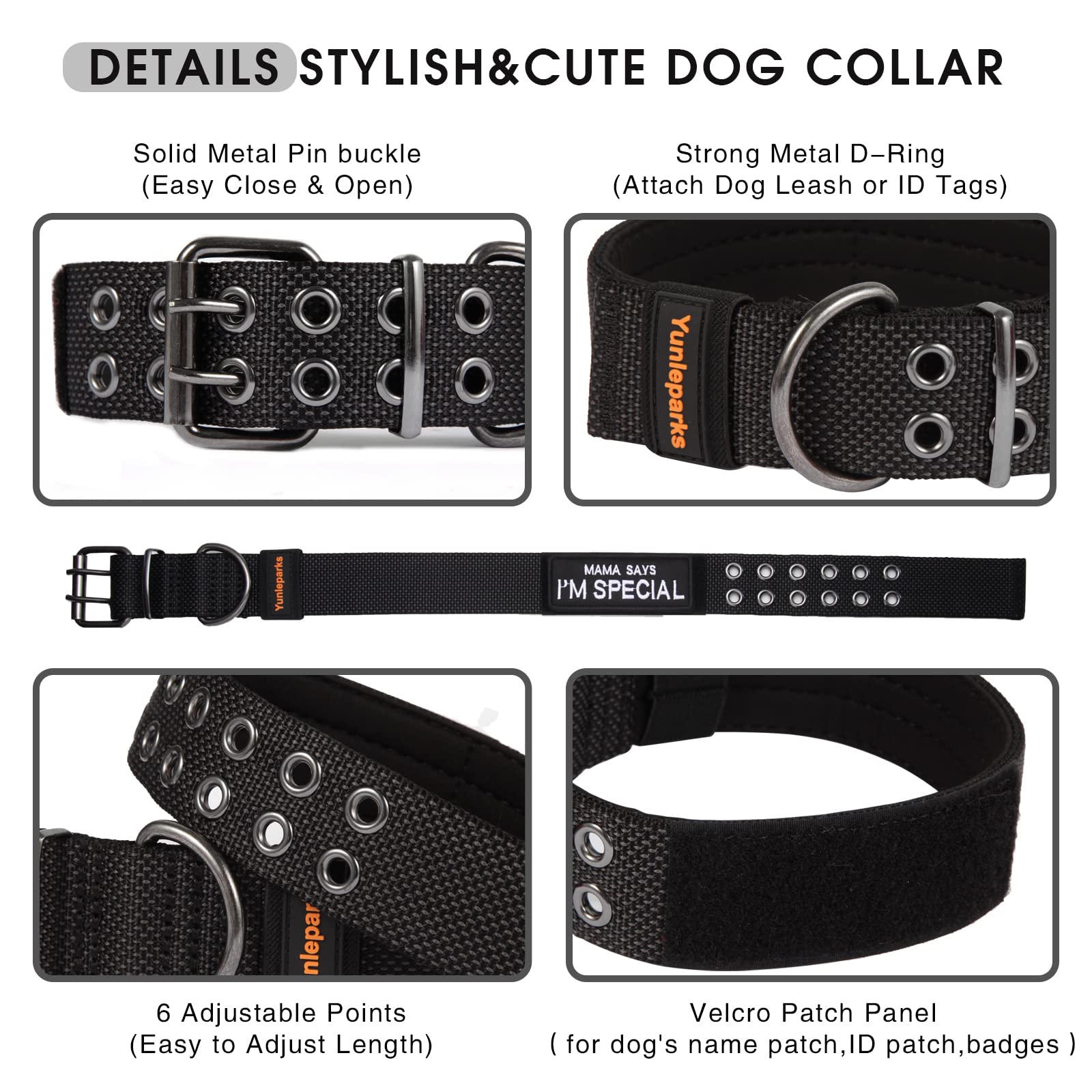 Yunleparks Tactical Collar For Medium Large Dogs, Heavy Duty Metal Buckle, Soft Neoprene Padded, Nylon Wide(Medium, Black)