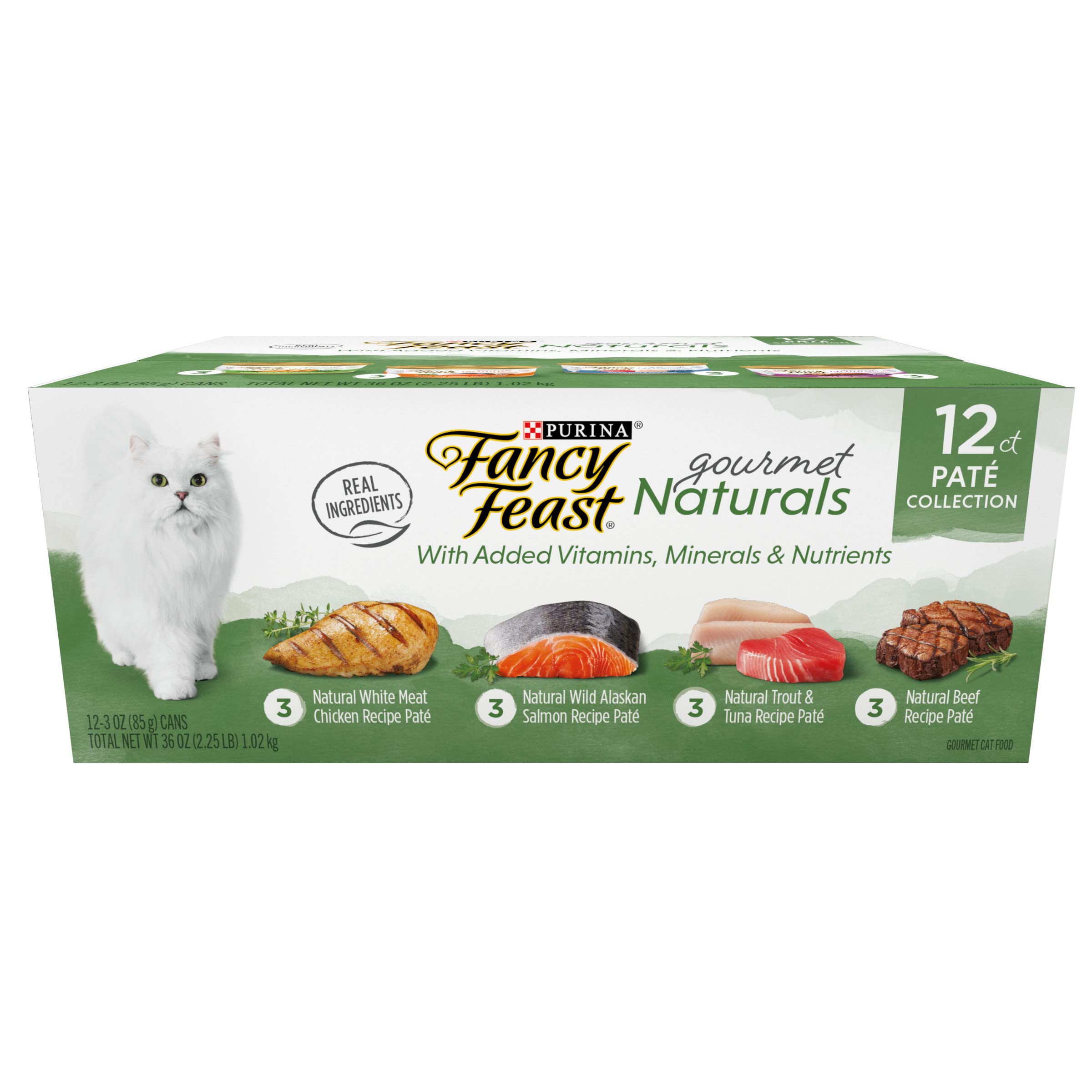 Purina Fancy Feast Grain Free Wet Cat Food Pate Variety Pack Gourmet Naturals-Beef, Chicken, Salmon, Trout and Tuna - (2 Packs o
