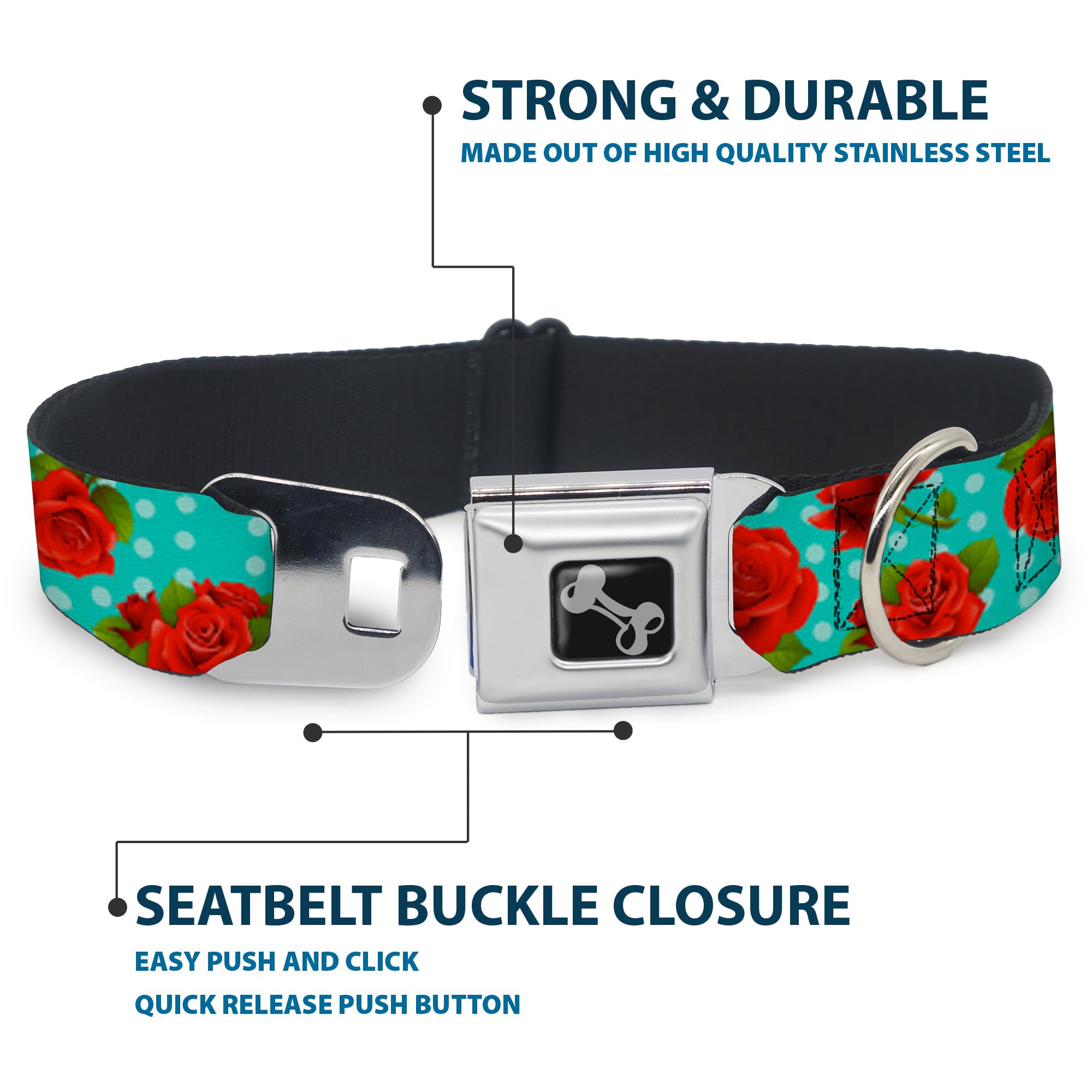 Buckle-Down Dog Collar Seatbelt Buckle Red Roses Polka Dots Turquoise 16 To 23 Inches 1.5 Inch Wide, Multicolor (Dc-W31846-Wm)