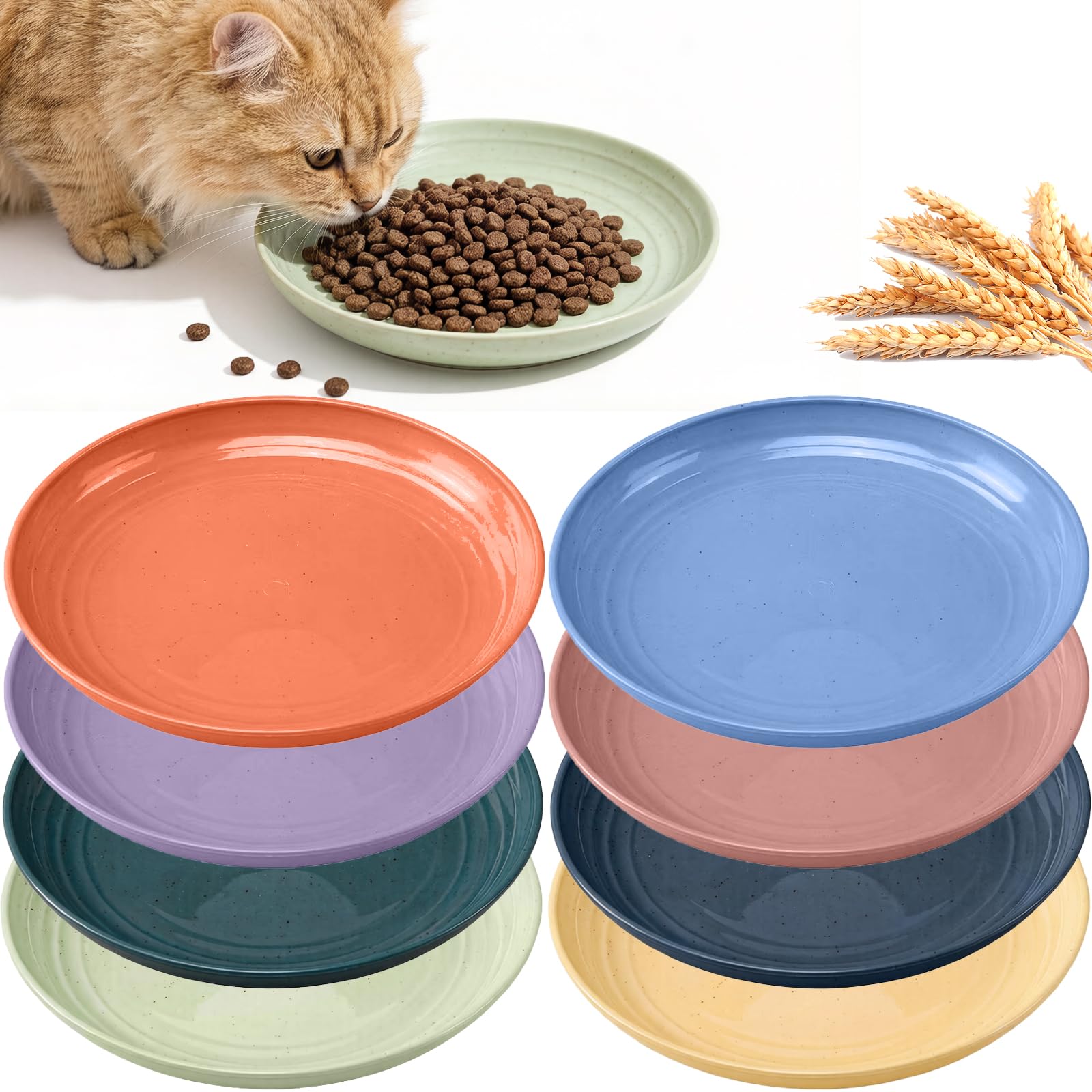 8-Pieces Whisker Fatigue Cat Bowl - 6.88 Inch Shallow Cat Food Dish Wide Cats Wet Feeding Bowls, PET Plate for Kittens and Short