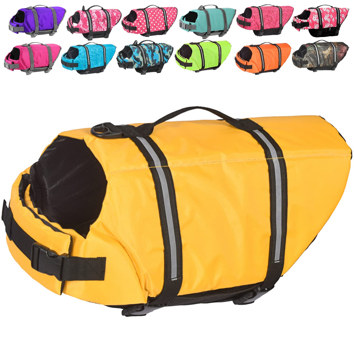 Doglay Dog Life Jacket With Reflective Stripes, Adjustable Dog Lifesaver Pet Life Preserver With High Buoyancy Swimsuit For Small Medium And Large Dogs (Large, Yellow)