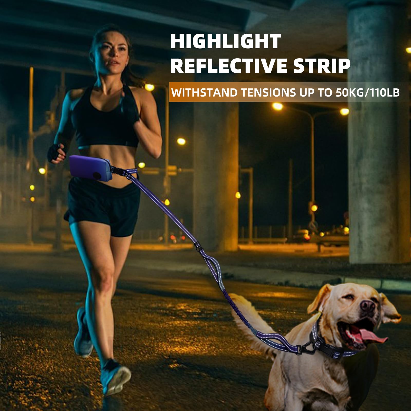 Roses&Poetry Hands Free Dog Leash With Zipper Pouch, 6-9Ft Bungee Waist Leash For Medium Large Dogs Walking, Running Lead With D