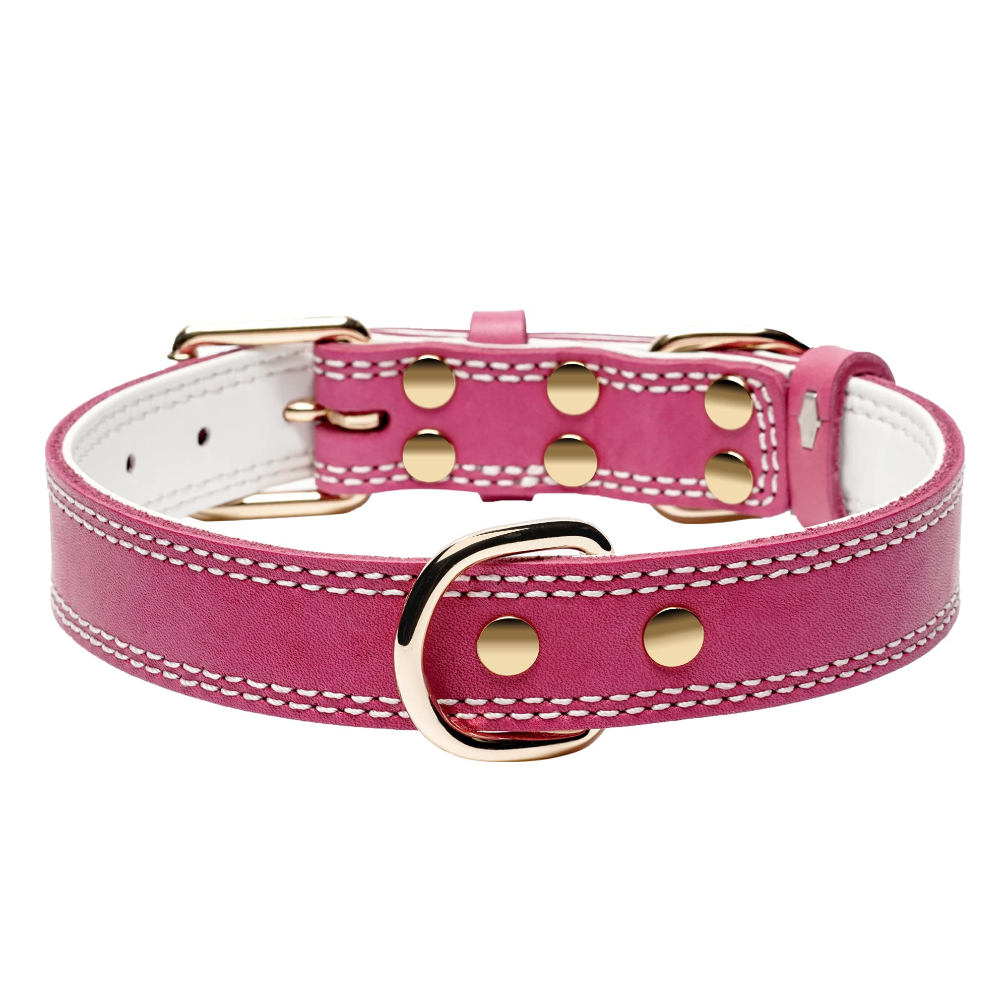 Daihaqiko Genuine Leather Dog Collar, Heavy Duty Dog Collar, Wide Dog Collar For Small Dog, Medium Dog, Large Dog And Extra Large Dog (S: 0.8' Wide For 13.4'-15.8' Neck, Dual Stitch - Pink)