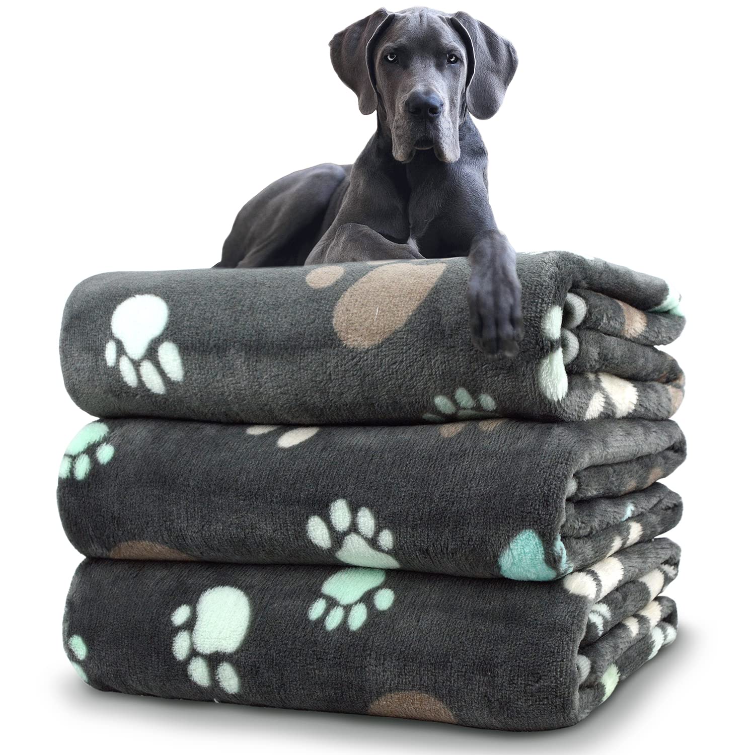 Dog Blankets for Large Dogs, 3 Pack Blanket Washable 41 x 31, Fuzzy Soft Pet Mat Throw Cover Kennel Crate Bed, Cute Grey Paw Pat