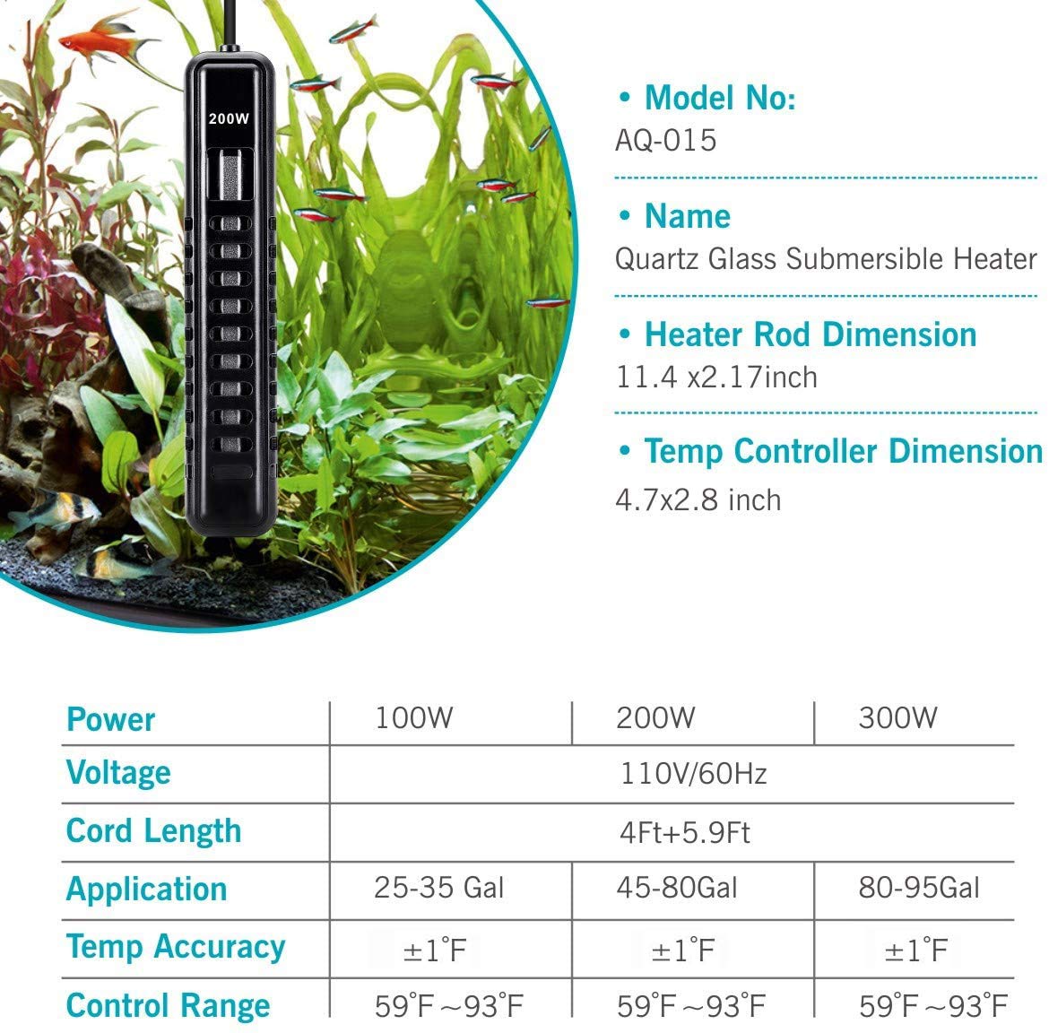 Aqqa Aquarium Heater 200W For 45-80 Gallon Submersible Fish Tank Heater For Aquarium Betta Fish Heater Aquarium Thermostat Heater Freshwater And Saltwater (200W For 45-80 Gal)
