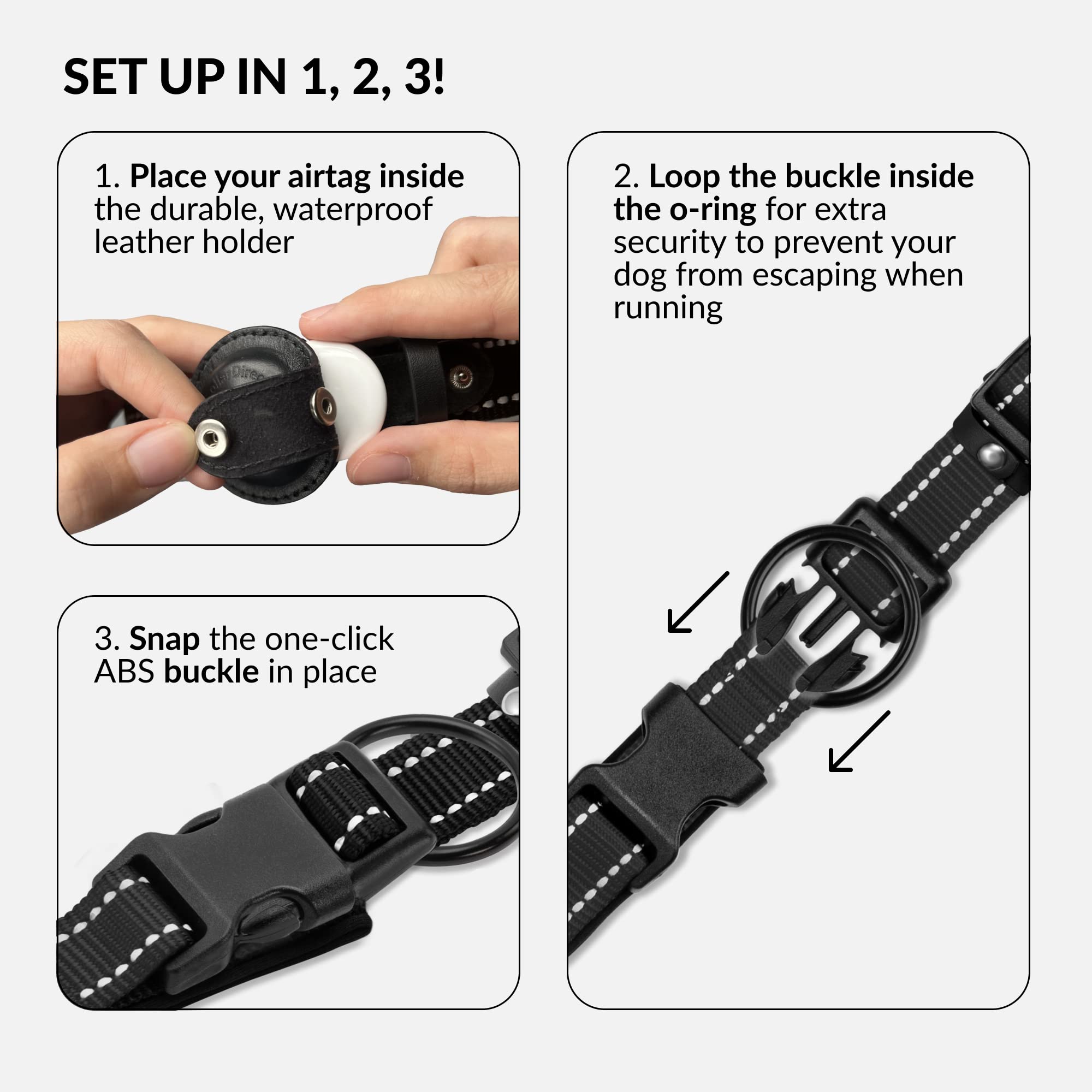 Collardirect Airtag Dog Collar Reflective Nylon Neoprene Leather Holder For Apple Air Tag For Large, Medium, And Small Dogs (Bla