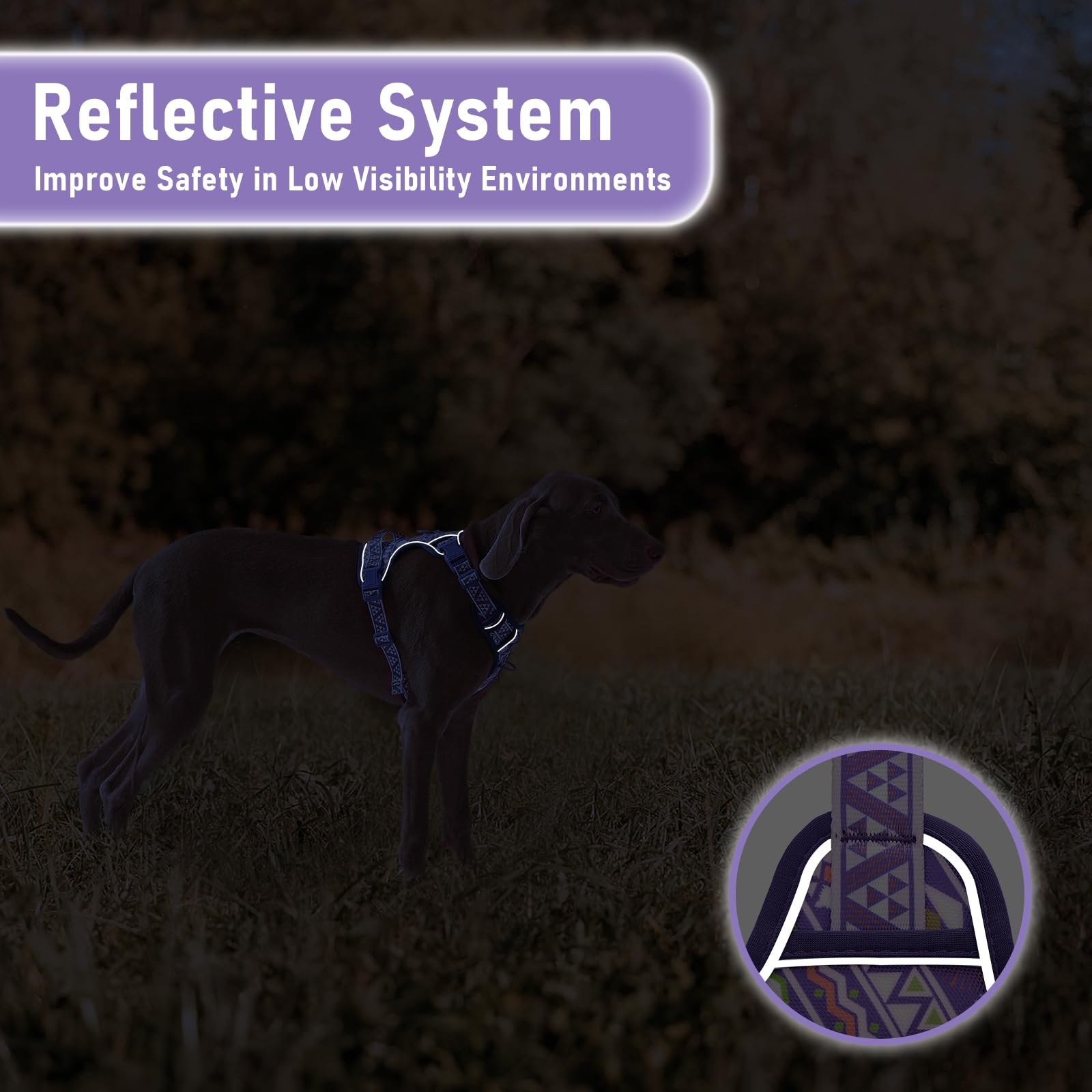 Purple Dog Harness With Ethnic Pattern For Big Dog, Like English Bulldog Doberman Husky Rottweiler Labrador, Easy To Put On And