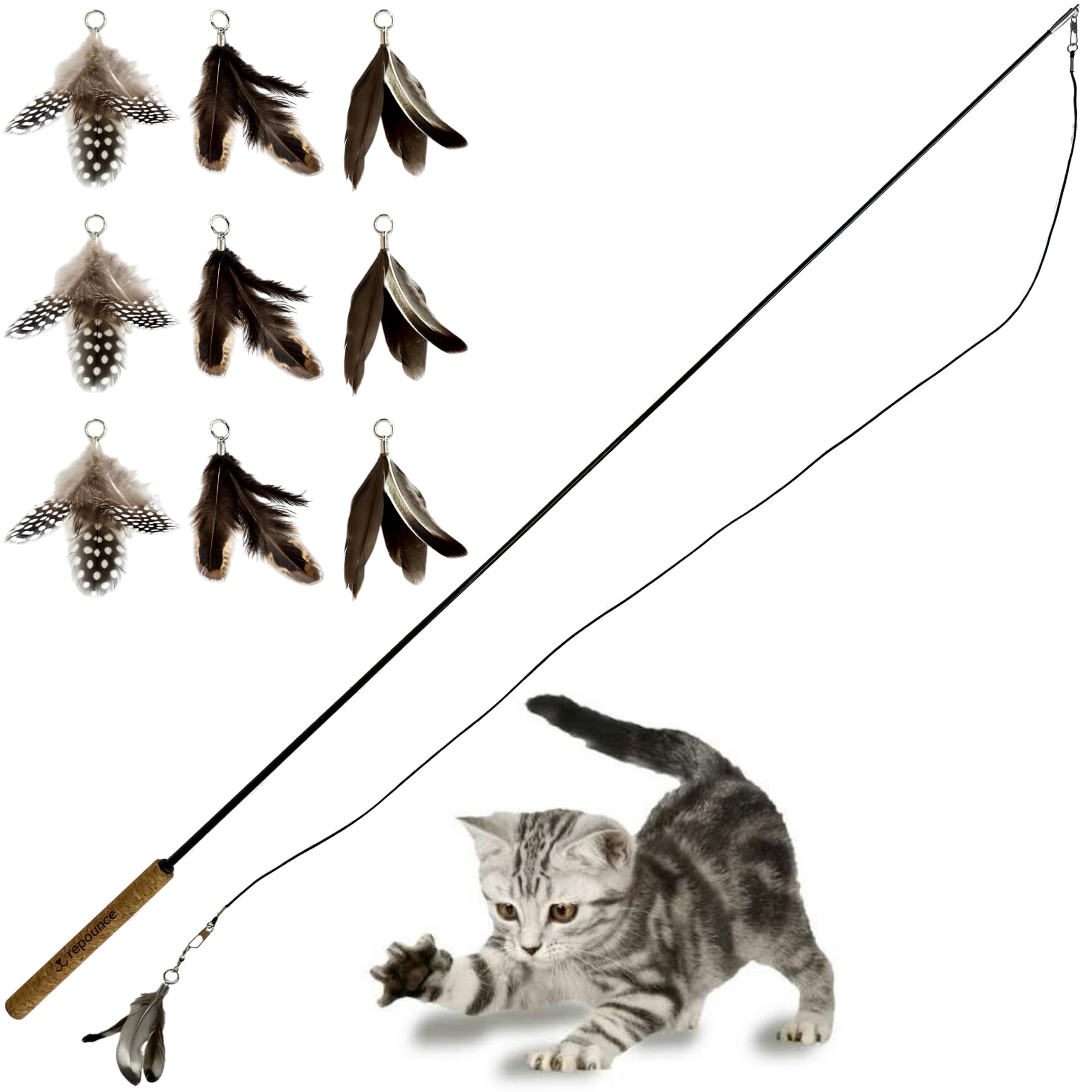 repounce Forever Stick and 9 Cat Feather Toy Refills - The Unbreakable Cat Wand Toy, Durable Cat Toy Wand, Extra Long Cat String