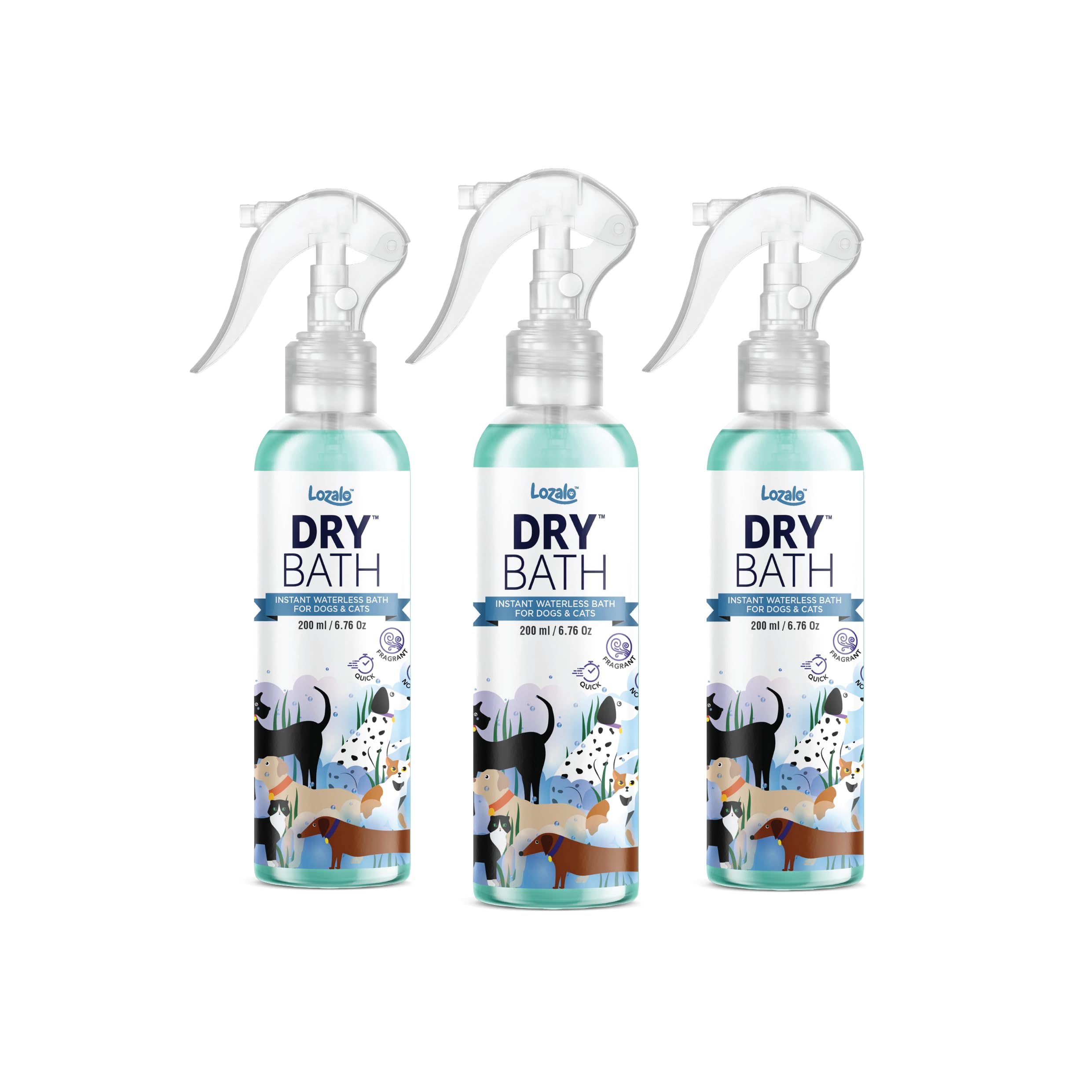 Lozalo Dry Bath Waterless Shampoo - 600Ml, Combo Pack Of 3X200Ml, Instant Waterless Spray Bath For Dogs, Cats & Puppies,No Rinse