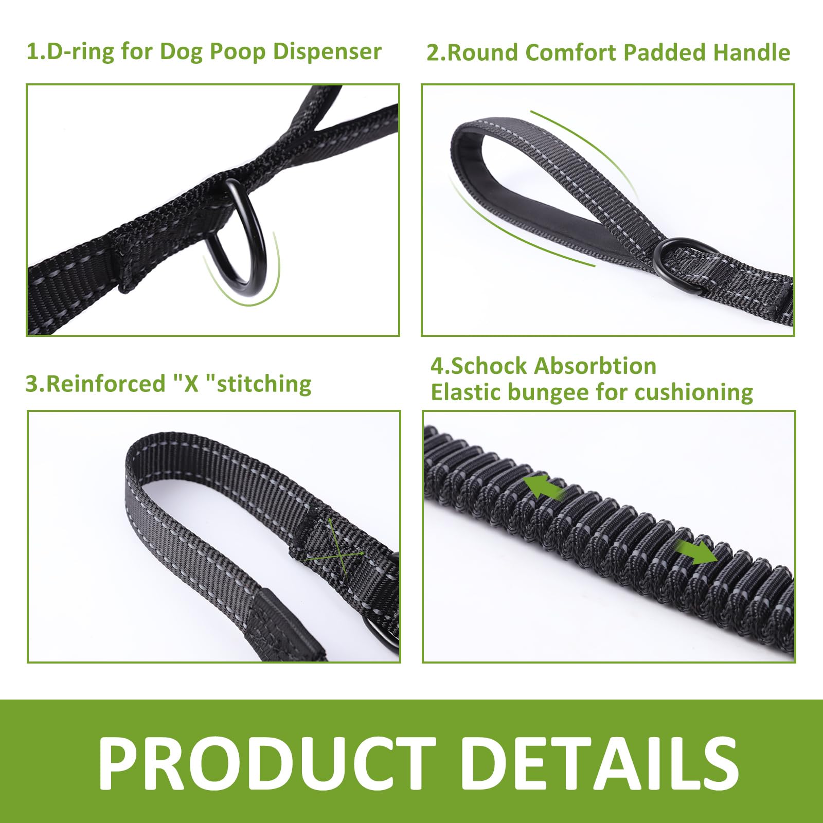 Eco-Clean Dog Leash, 6 Ft Bungee Dog Training Leash, Reflective Dog Leash For Medium Large Dogs, Shock Absorbing Retractable Str