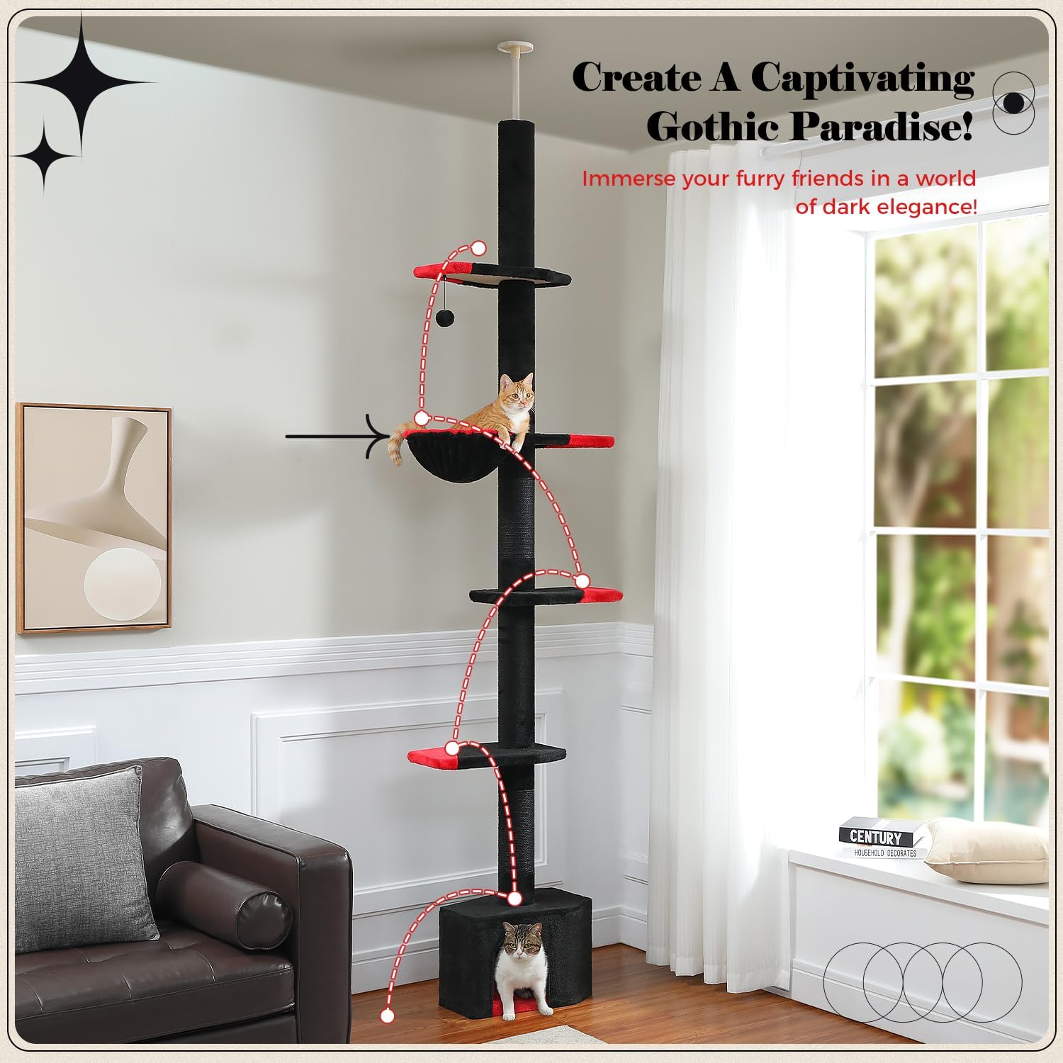 Pawz Road Gothic Cat Tree, Floor To Ceiling Cat Tower With Adjustable Height (86.8-120 Inches), 5 Tiers Black Cat Condo With Coz