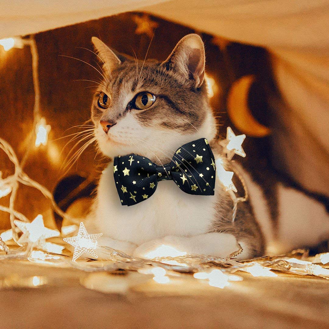 2 Pack Cat Collar With Bow Tie And Bell, Kitty Kitten Starshine Collar Breakaway Collar For Males Females Boys And Girls Cats (Pink+Black)