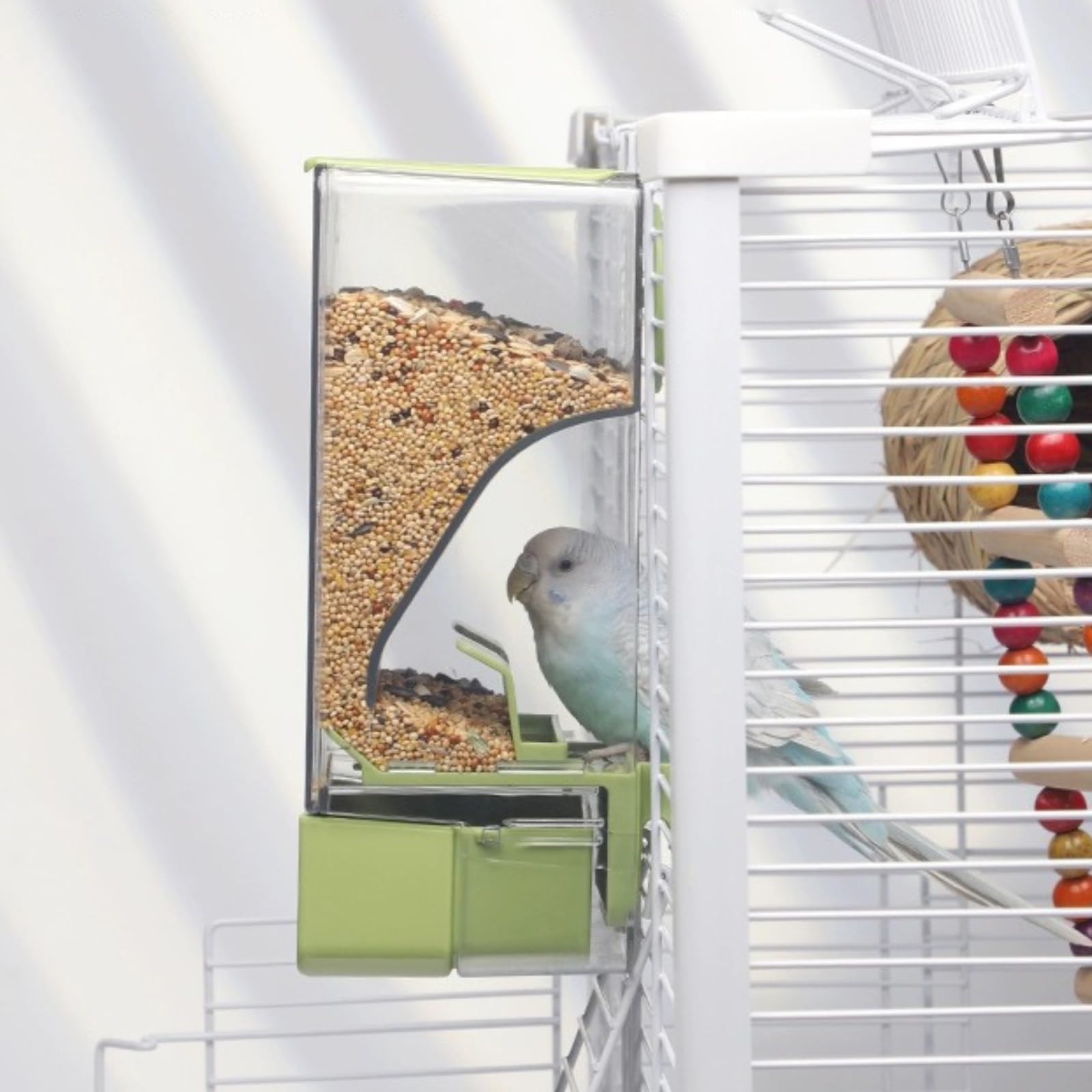 Automatic Bird Feeder, Bird Cage Feeder with Perch for Parakeet Canary Cockatiel Finch (Blue)