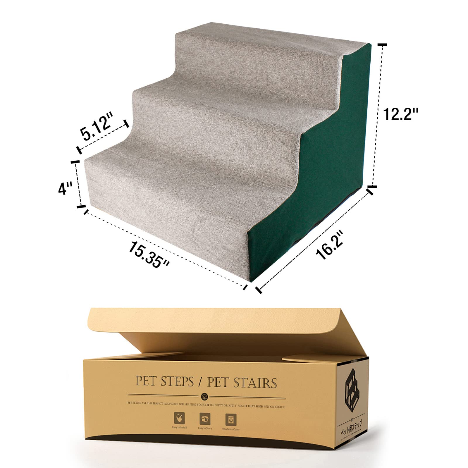 Enjoying Dog Stairs For Small Dogs, 3-Step Puppy Ladder For Couch, Assemblable Non-Slip Doggy Cat Steps, Green/Grey