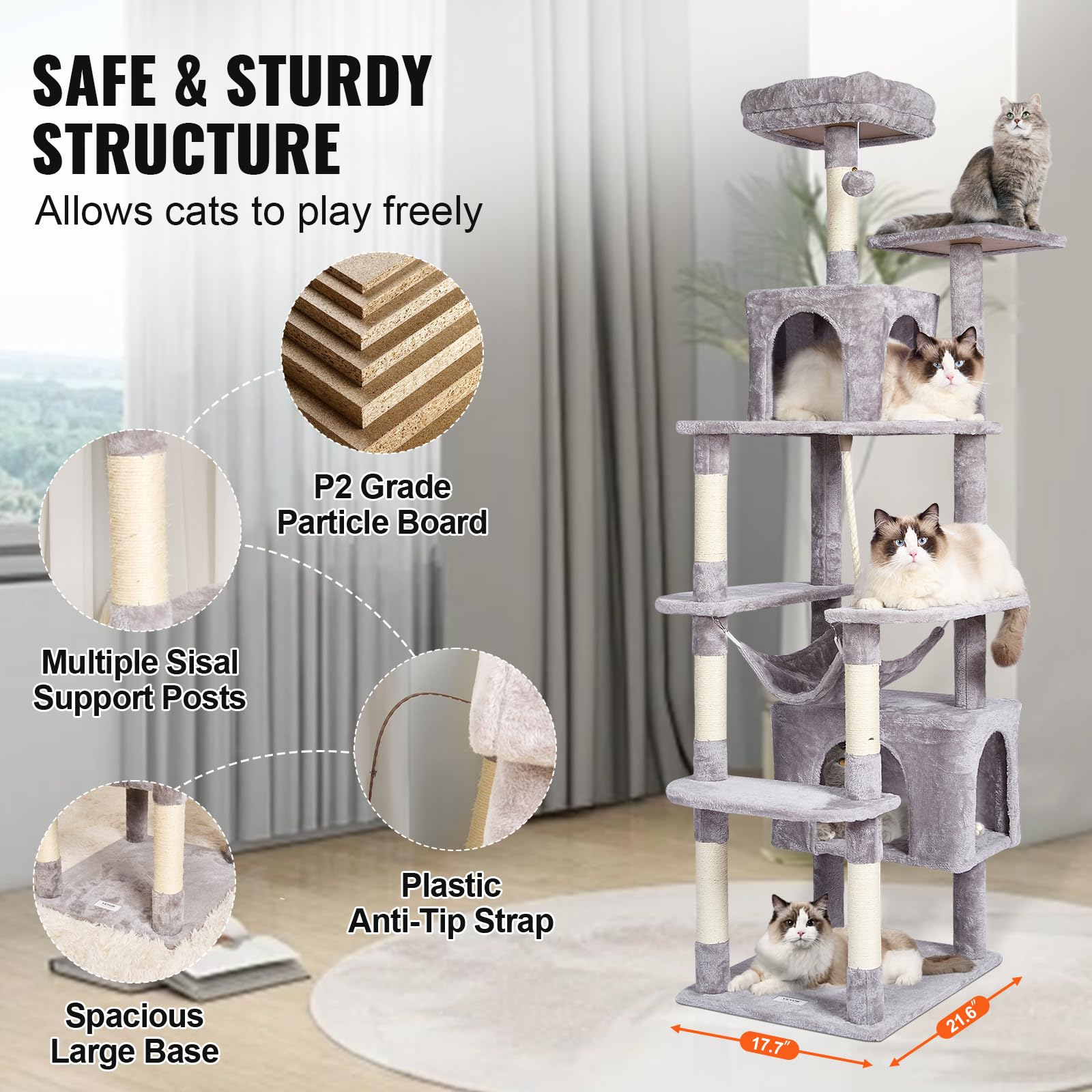 VEVOR Cat Tree 72 Cat Tower with 2 Cat Condos Sisal Scratching Post Light Grey