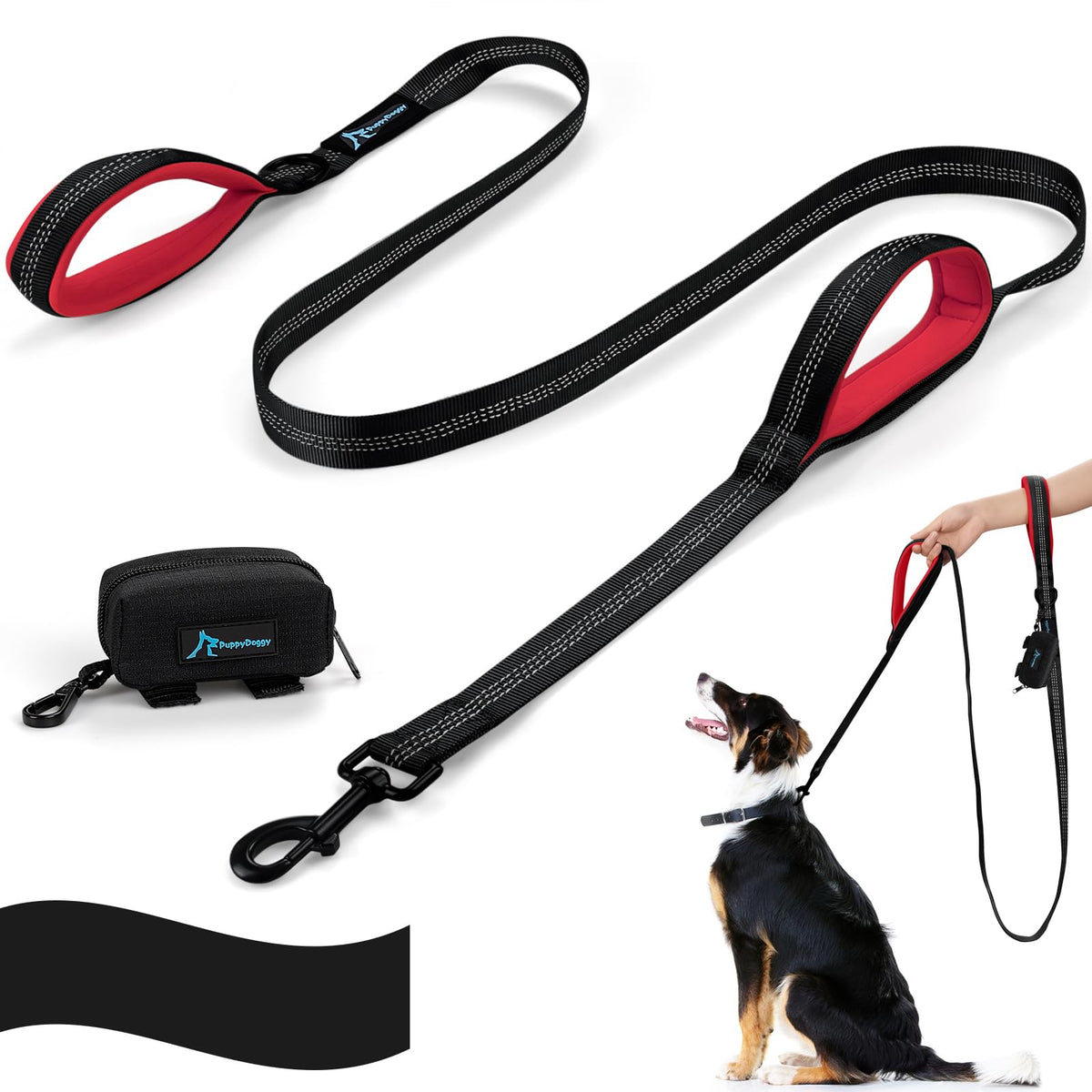 Puppydoggy Dog Leash For Large Medium Dogs 6 Ft Reflective Stitching Large Leash With 2 Traffic Padded Handles Dog Lead For Running Walking Training (Black)