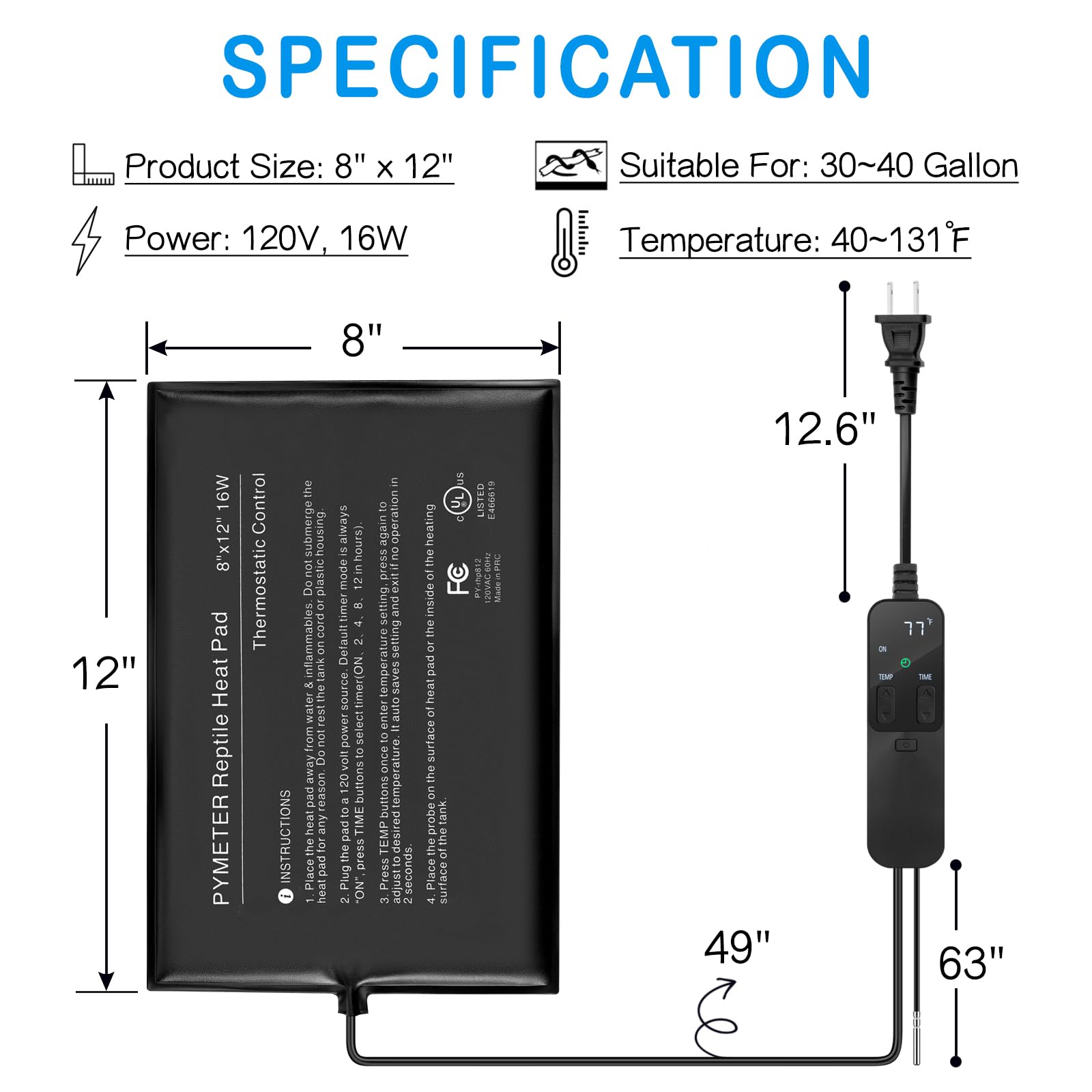 Pymeter Reptile Heating Pad With Pid Thermostat & Timer 8''X12'' Terrarium Under Tank Heater For Hermit Crab/Snake/Turtle/Lizard