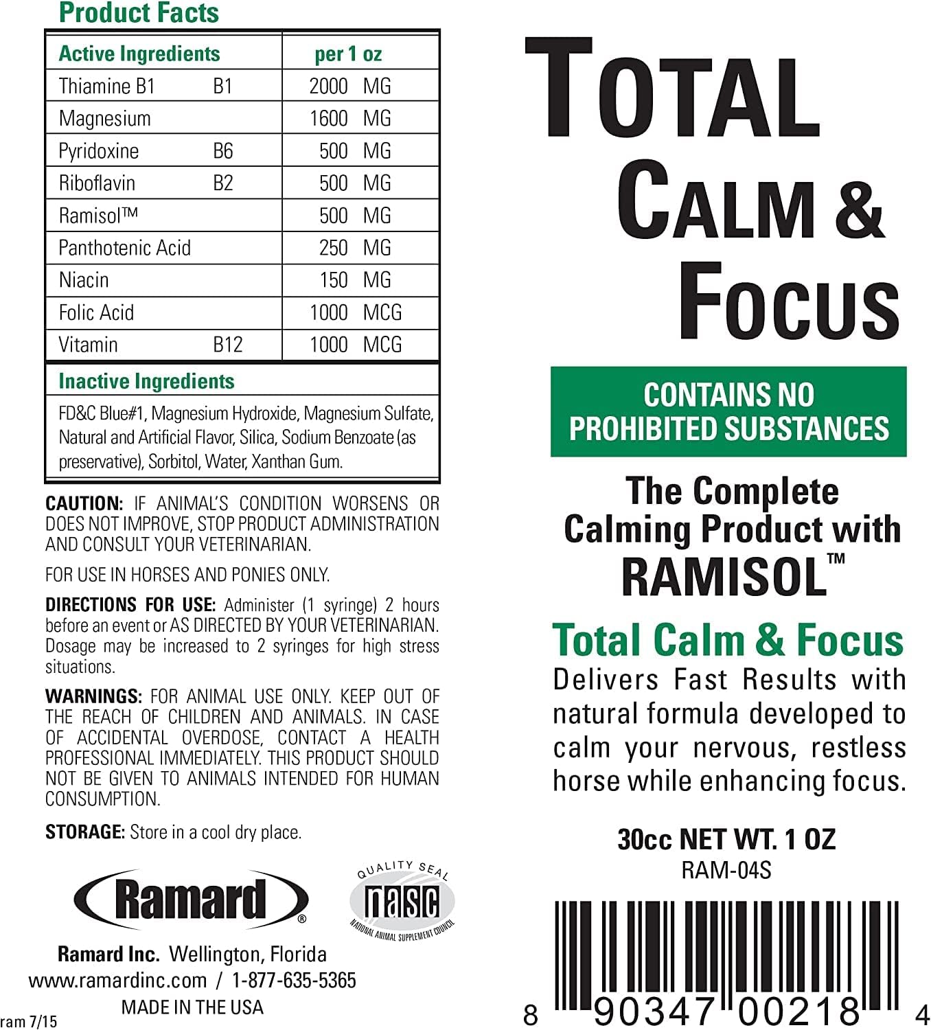 Ramard Total Calm and Focus for Horses Supplement - Magnesium & Calming Formula for Horse Show, Training, Performance Mental Ale
