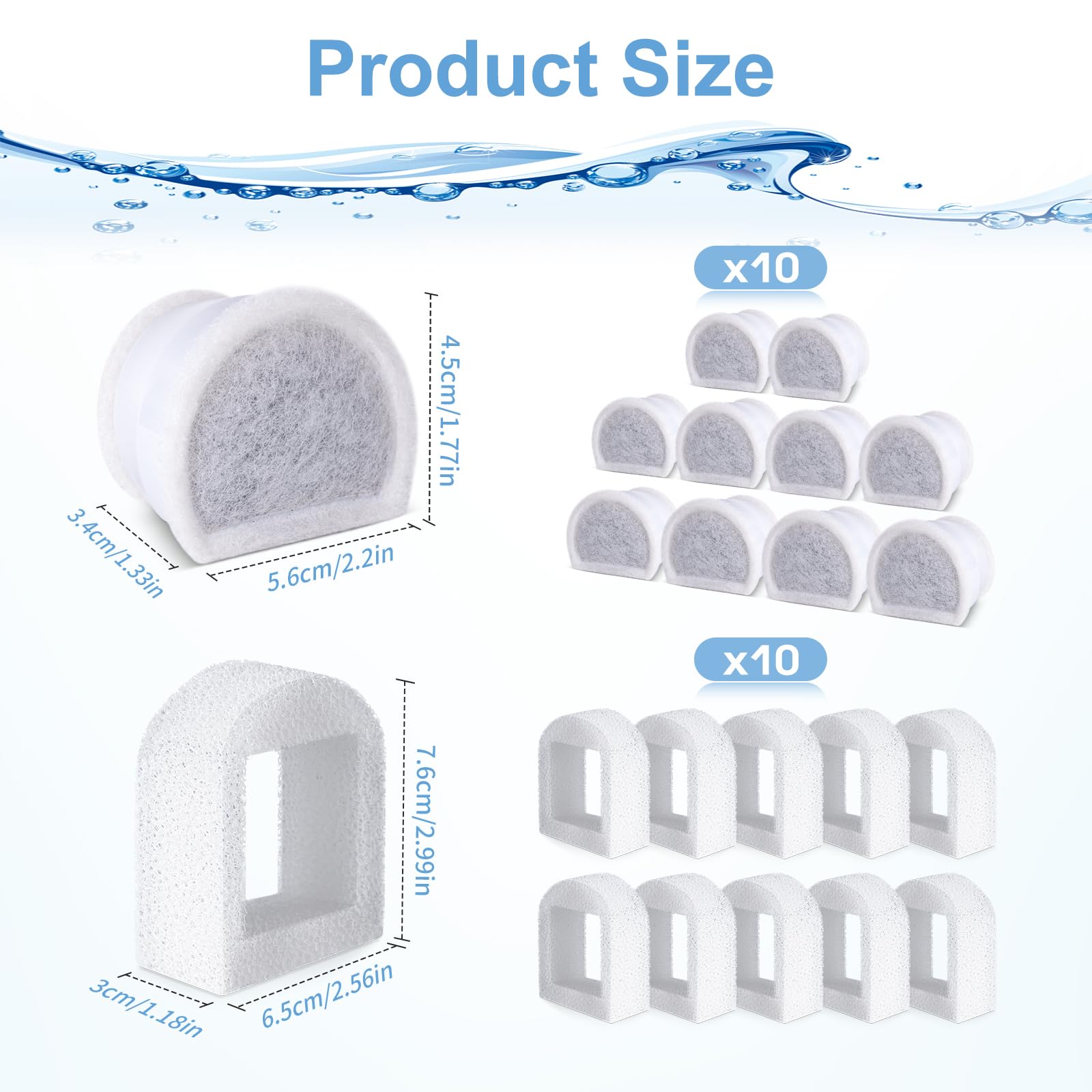 20 Pcs Cat Water Fountain Filters Replacment Compatible With Petsafe Drinkwell Fountains, 10 Replacement Carbon Filters & 10 Rep