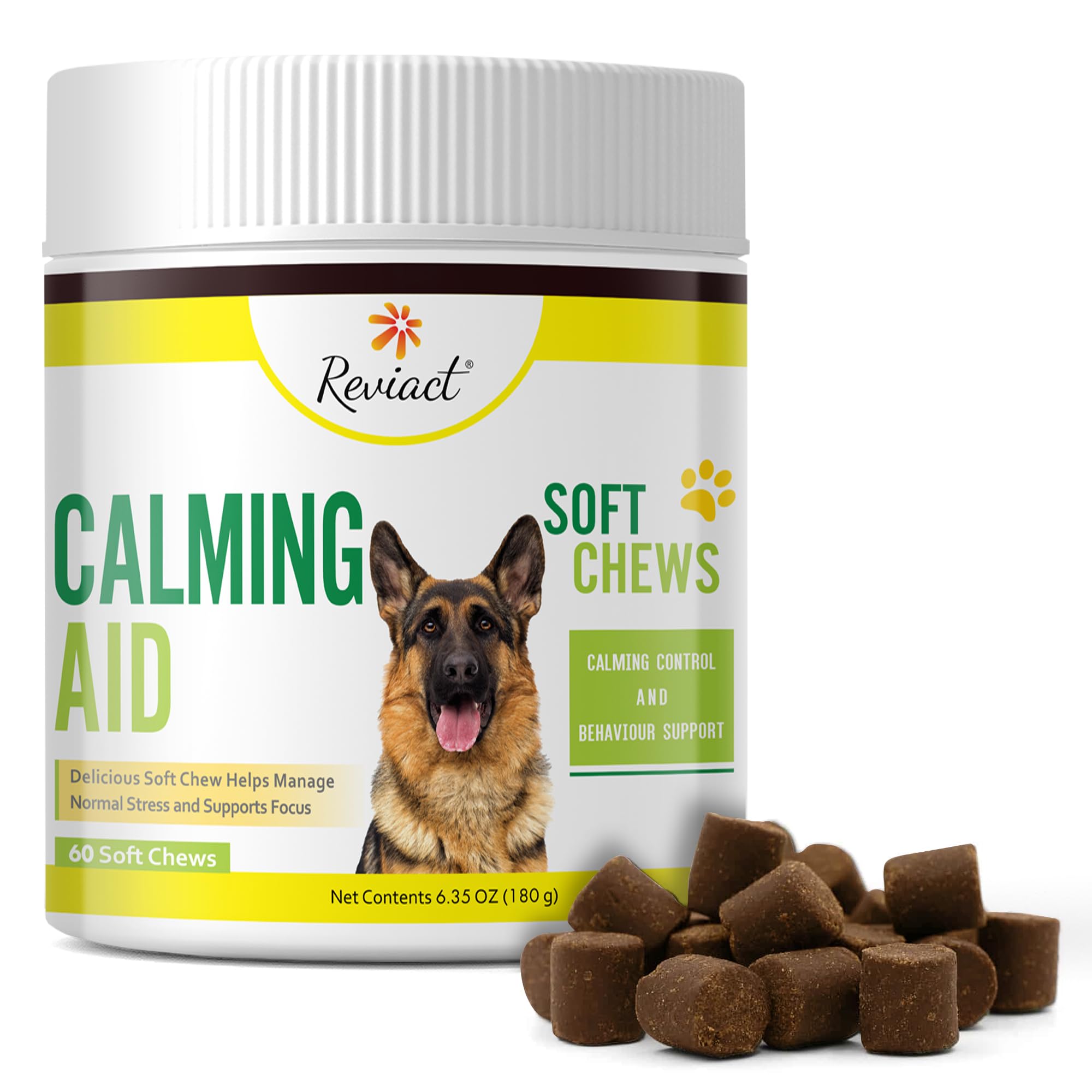 Reviact Calming Chews for Dogs - 60 Count Anxiety Relief Soft Chews Promote Balanced Behavior - Beef Flavored Calming Treats for