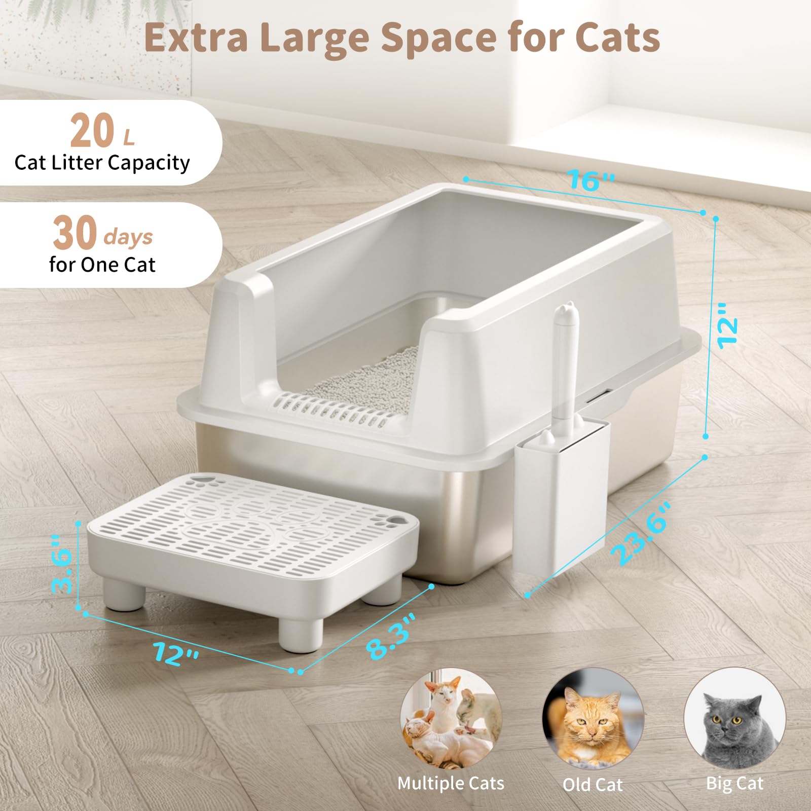 Perehome Enclosed Stainless Steel Cat Litter Box, Extra Xl Large Metal Litter Box With Lid, High Sided, Easy Clean, Odorless, An