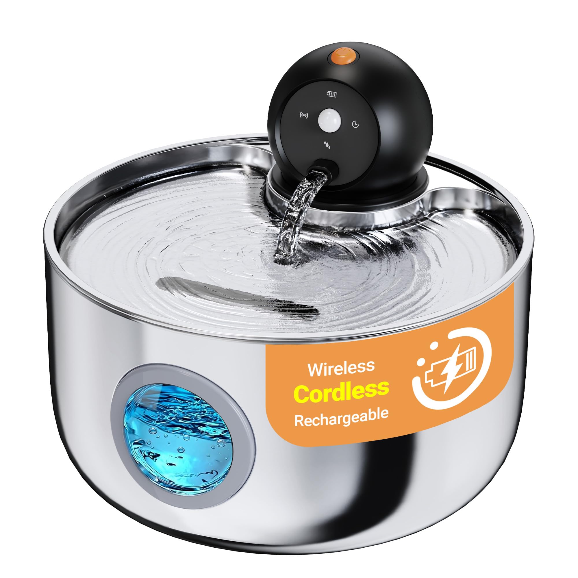 Wireless Cat Water Fountain Cordless: Stainless Steel Cat Fountains for Drinking - 88oz/2.6L Battery Operated Pet Water Fountain