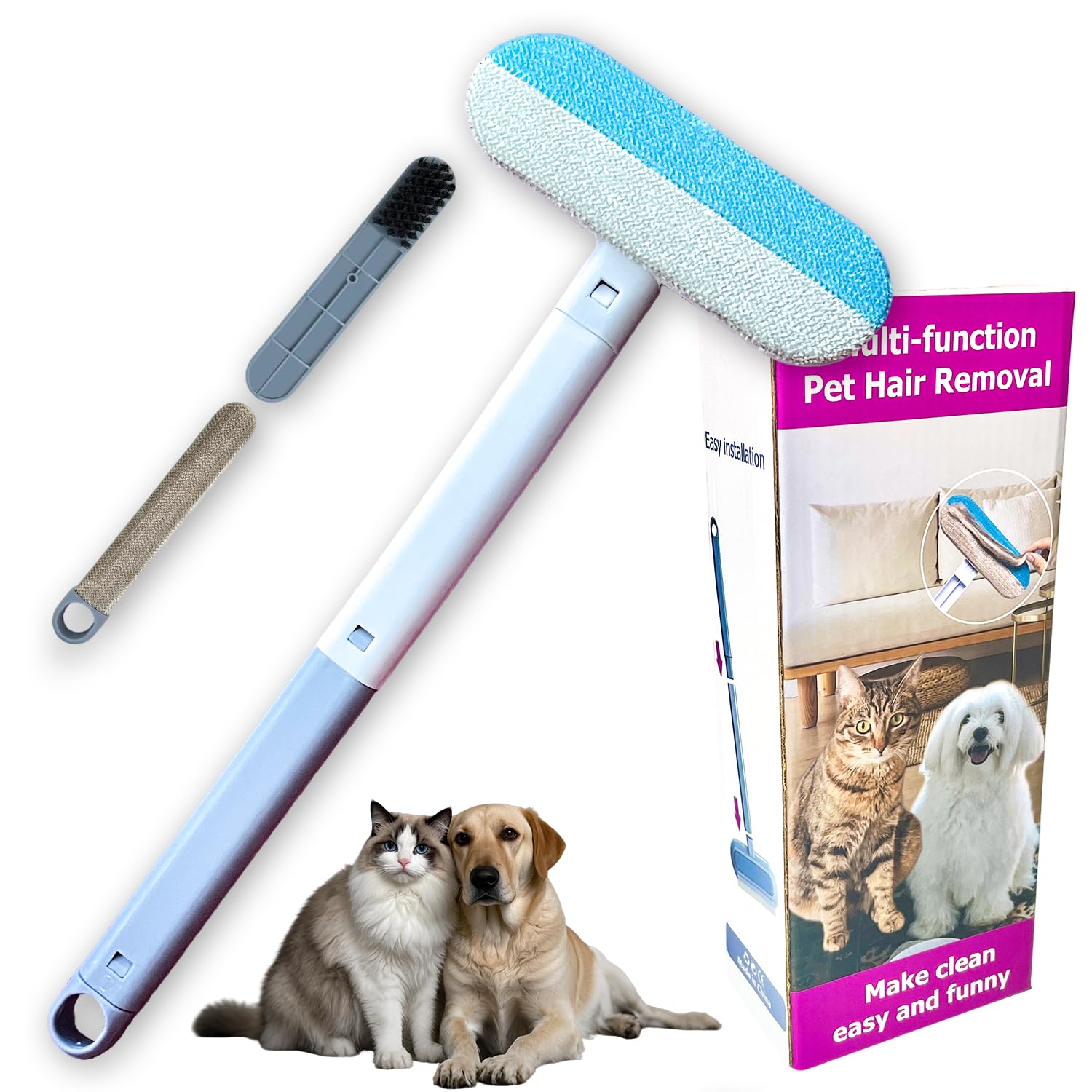 Feifanyigou Pet Hair Remover, 4 In1 Cat And Dog Hair Removal For Couch With Extra Long Handle, 17-Inch, Cat Fur Removal Tool For