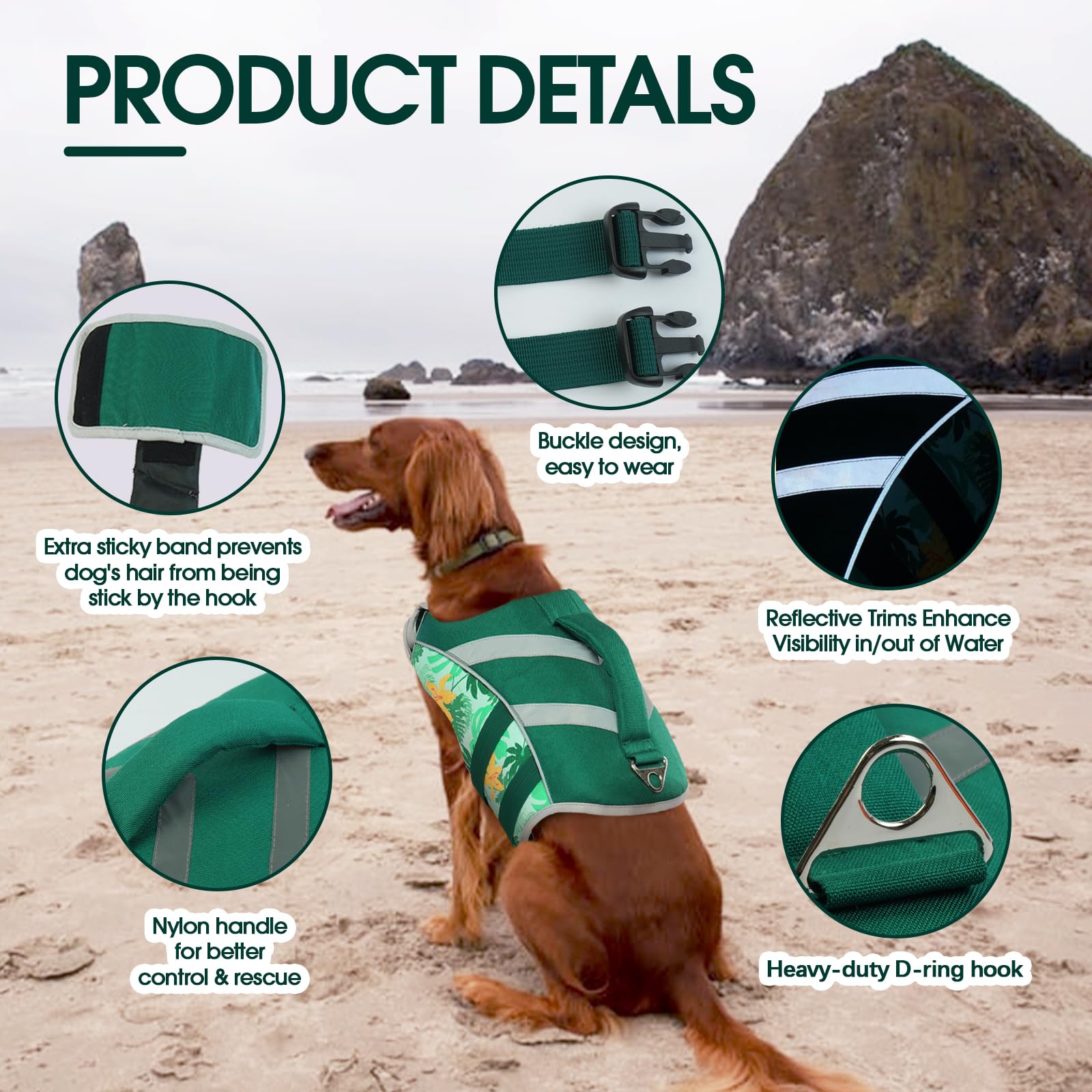 Kuoser Dog Life Jacket (DarkGreen, Large) - Adjustable High Visibility Ripstop Vest with Reflective Stripes, Top Handle & Leash